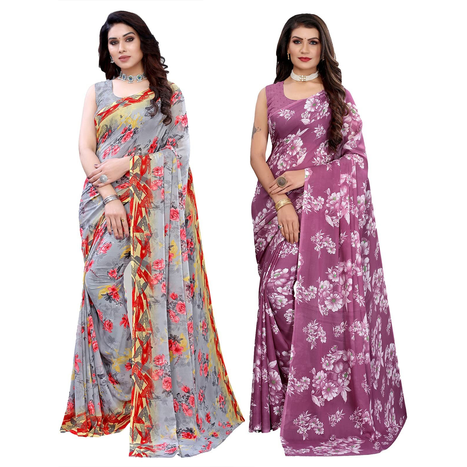 Satrani Womens Polyester Saree (1926ST306_2024ST566_Grey||Purple)