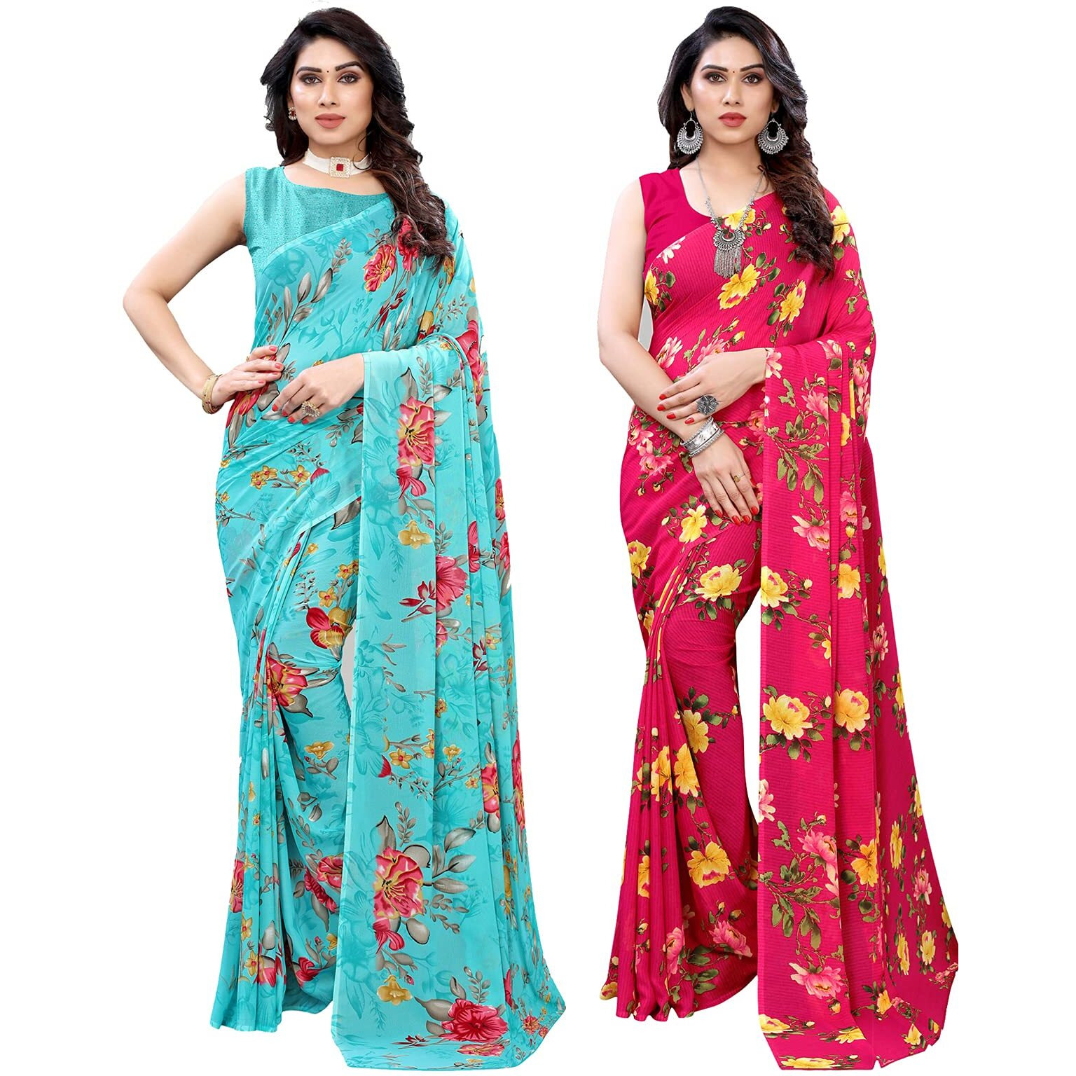 Satrani Womens Polyester Saree (1850ST176_1955ST348_Blue||Red)
