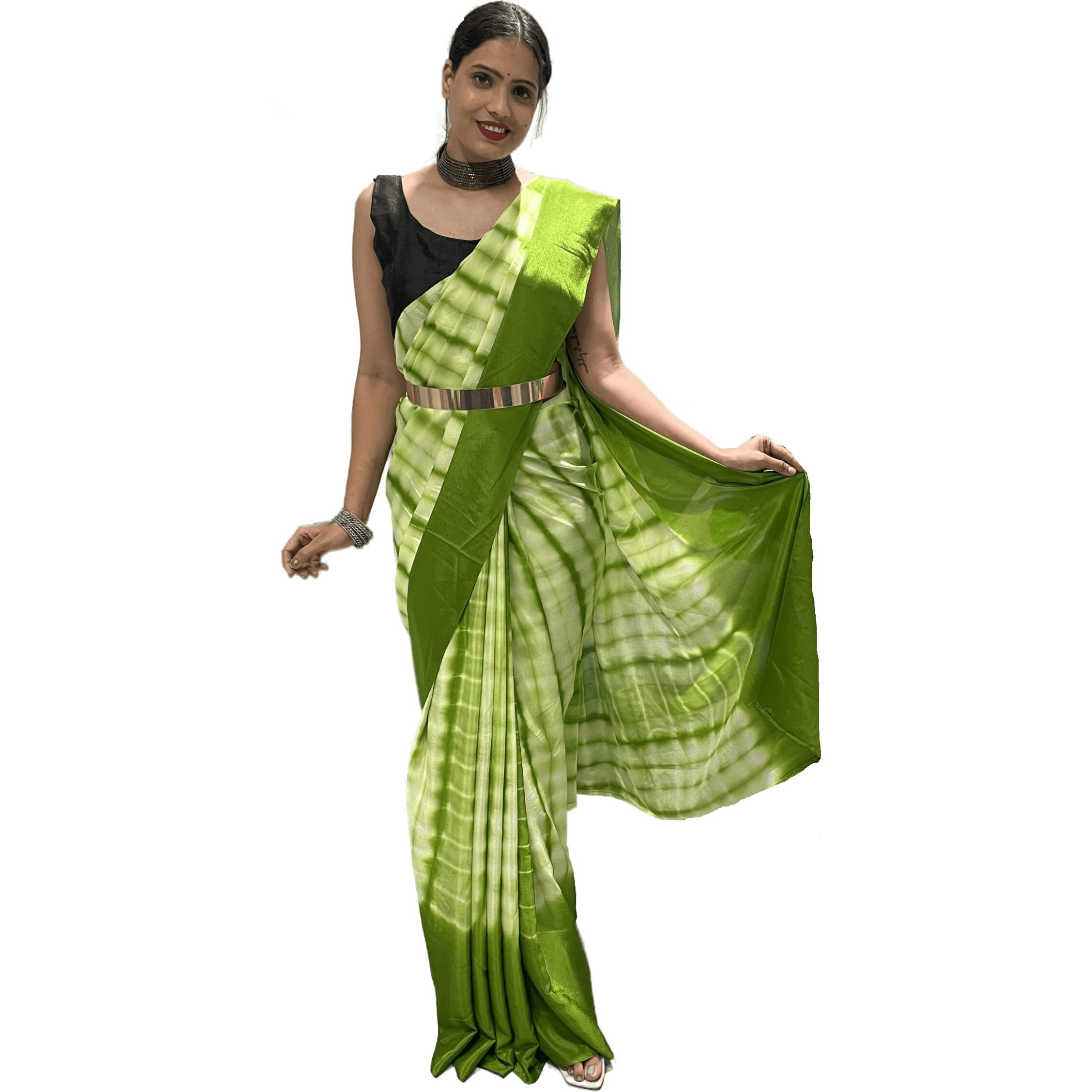Sidhidata Womens Chinon Ready To Wear 1 Minute Draped Saree With Unstitched Blouse Piece (D Green)