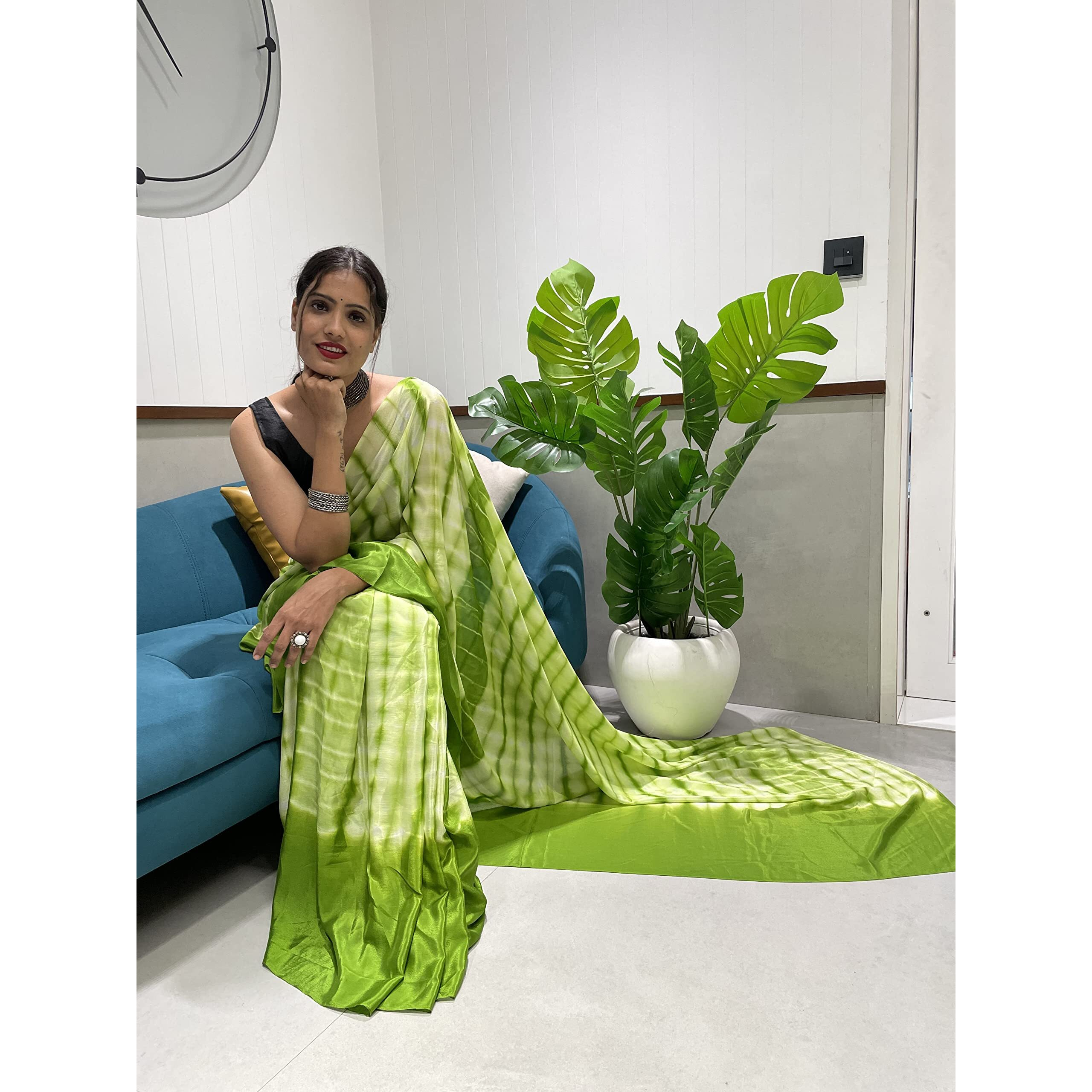 Sidhidata Womens Chinon Ready To Wear 1 Minute Draped Saree With Unstitched Blouse Piece (D Green)