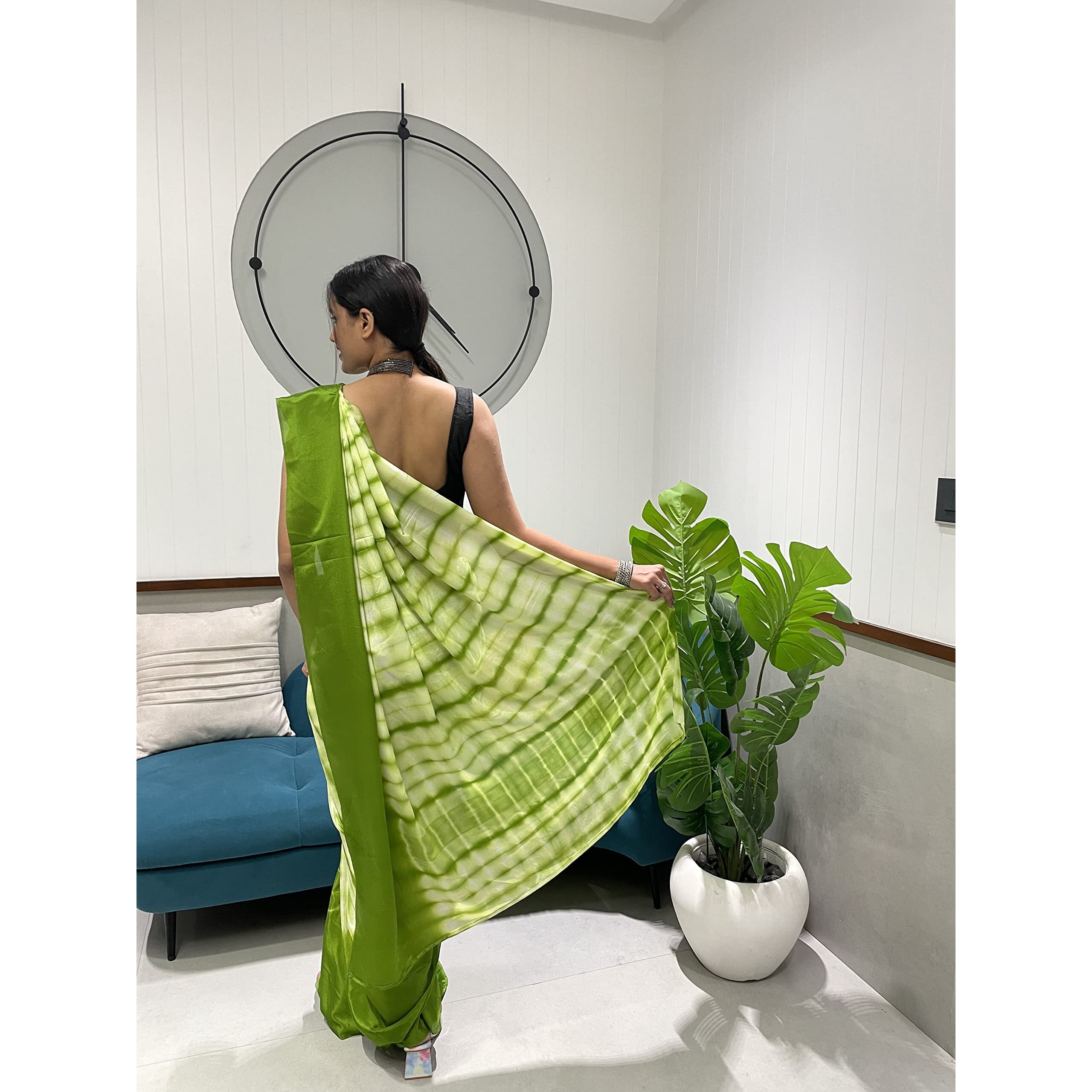 Sidhidata Womens Chinon Ready To Wear 1 Minute Draped Saree With Unstitched Blouse Piece (D Green)