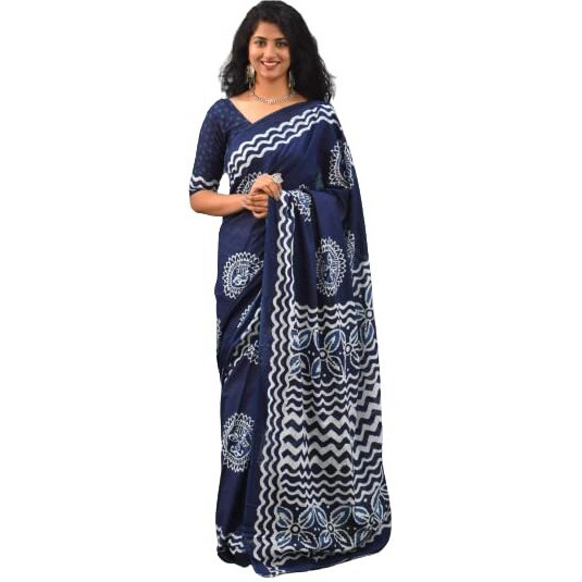 JALTHER Handicrafts Womens Ikat Hand Block Print Jaipuri Cotton Mulmul Saree with Blouse Piece -Blue_Sup595