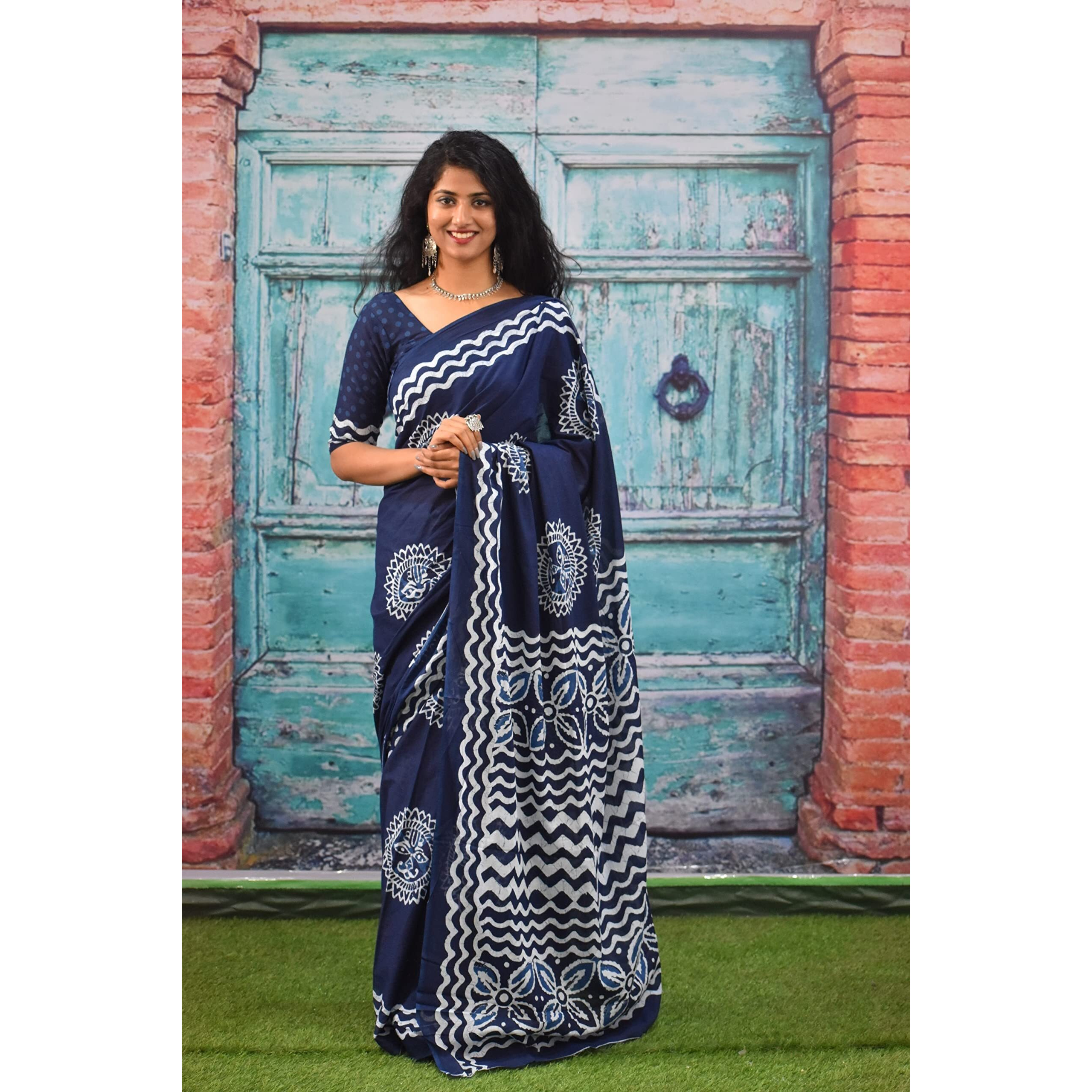 JALTHER Handicrafts Womens Ikat Hand Block Print Jaipuri Cotton Mulmul Saree with Blouse Piece -Blue_Sup595