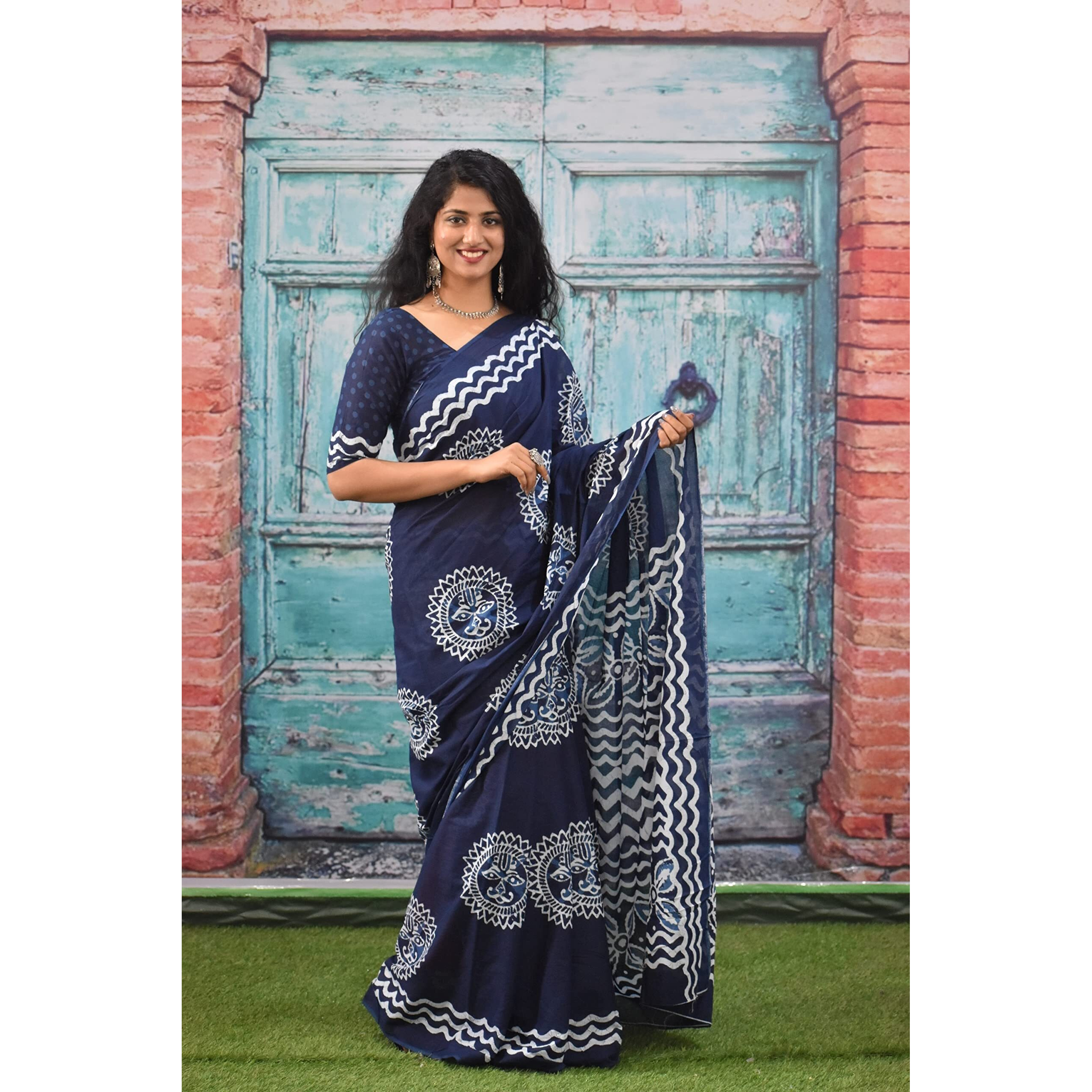 JALTHER Handicrafts Womens Ikat Hand Block Print Jaipuri Cotton Mulmul Saree with Blouse Piece -Blue_Sup595