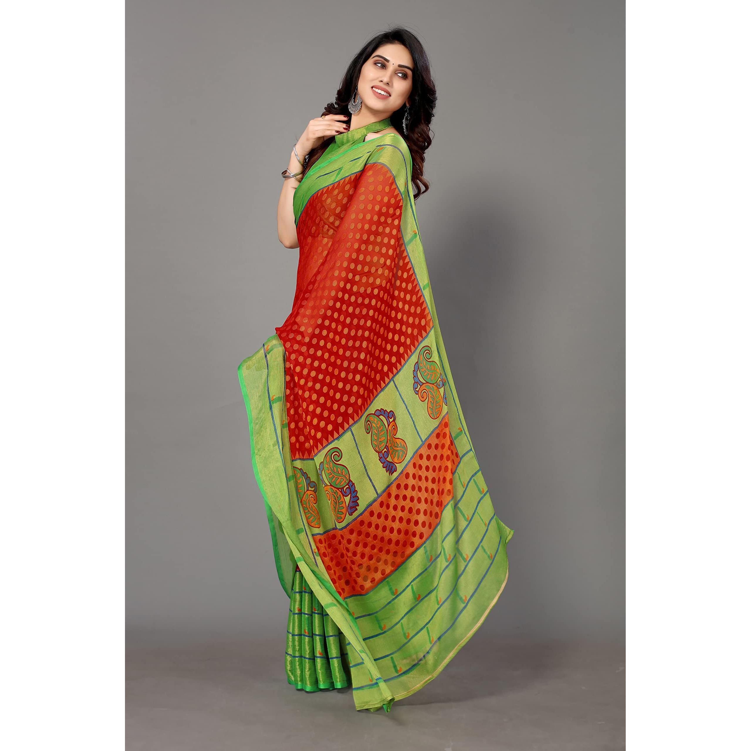 Winza Designer PS Brasso Padma Red_W Plain Chiffon sarees for women