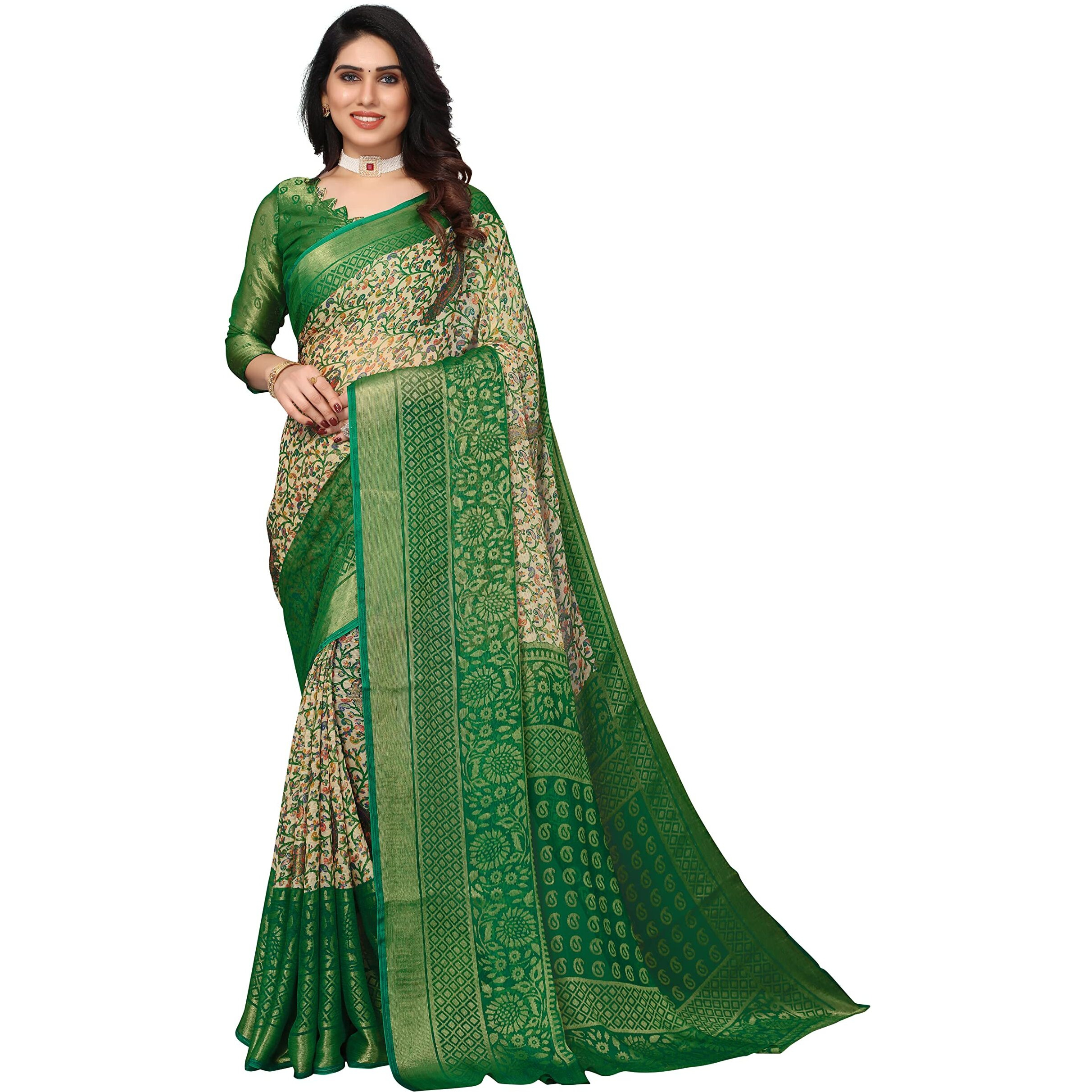 Winza Designer PS Brasso Baalaji Green W Plain Chiffon sarees for women