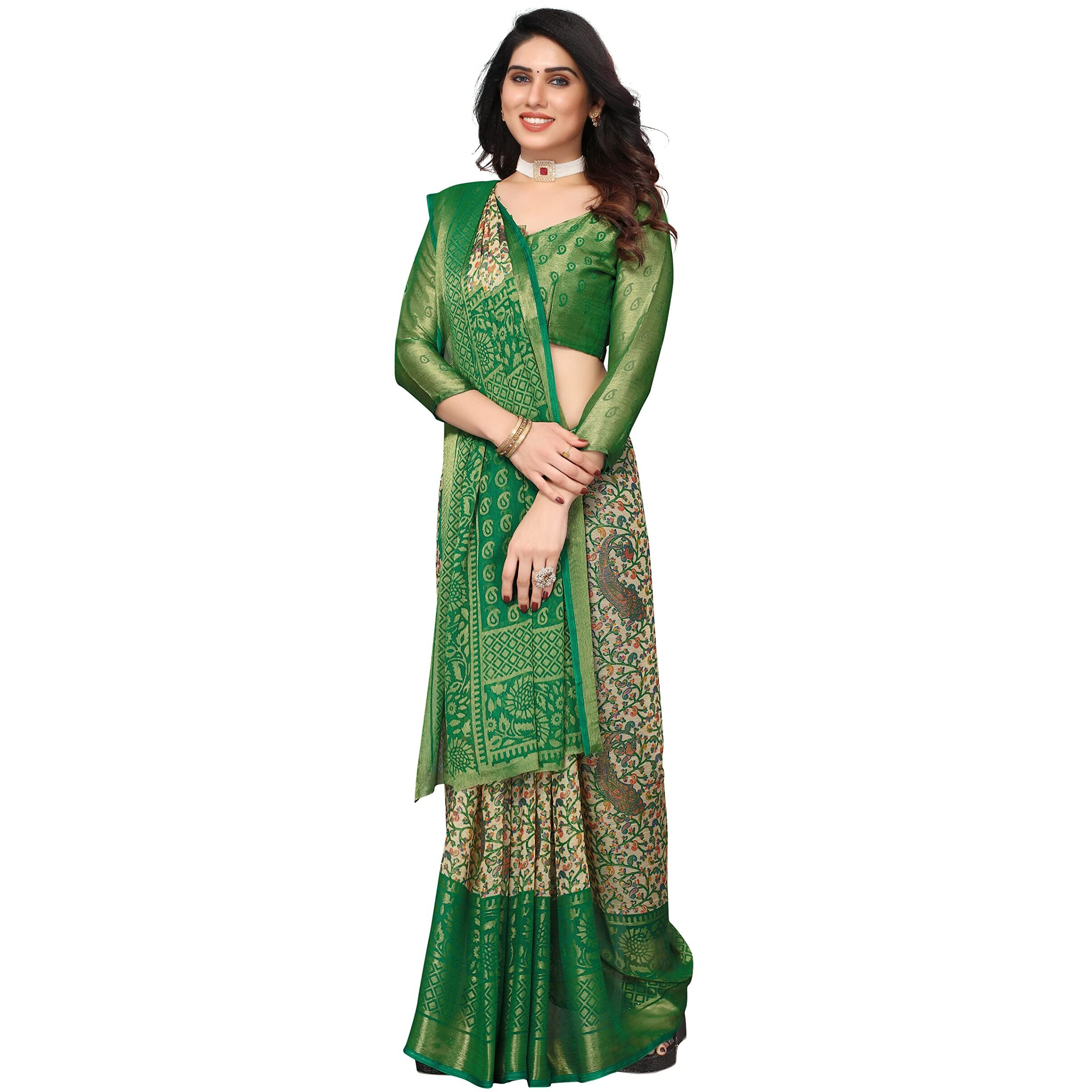 Winza Designer PS Brasso Baalaji Green W Plain Chiffon sarees for women