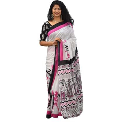 JALTHER Handicrafts Womens Ikat Hand Block Print Jaipuri Cotton Mulmul Saree with Blouse Piece -Pink_Sup333