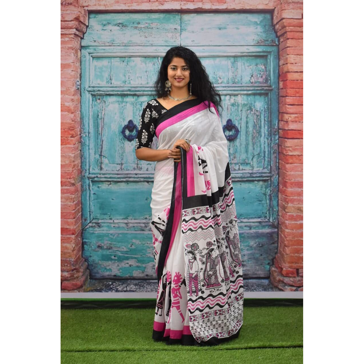 JALTHER Handicrafts Womens Ikat Hand Block Print Jaipuri Cotton Mulmul Saree with Blouse Piece -Pink_Sup333