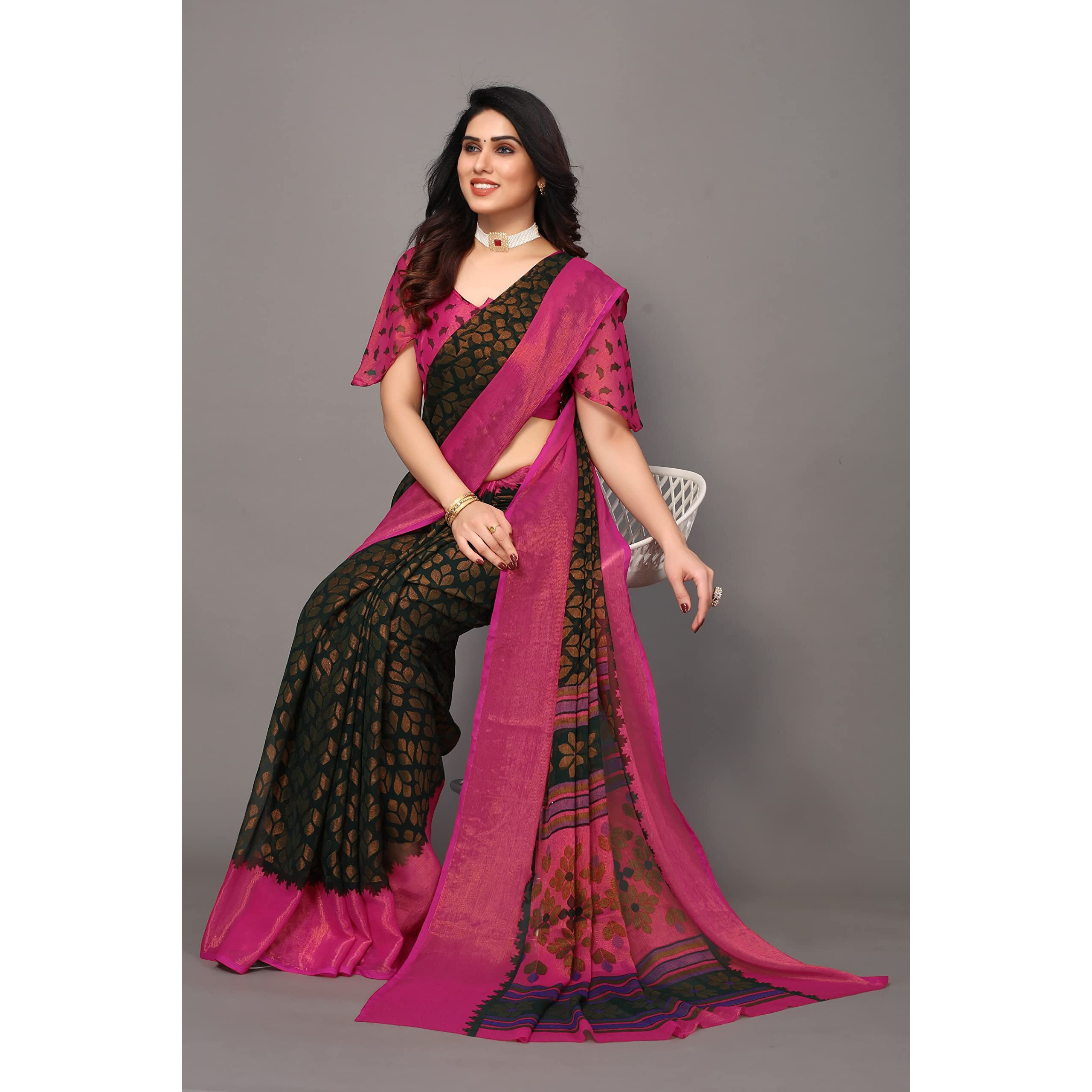 Winza Designer PS Brasso Aadi Bottle Green_W Plain Chiffon sarees for women