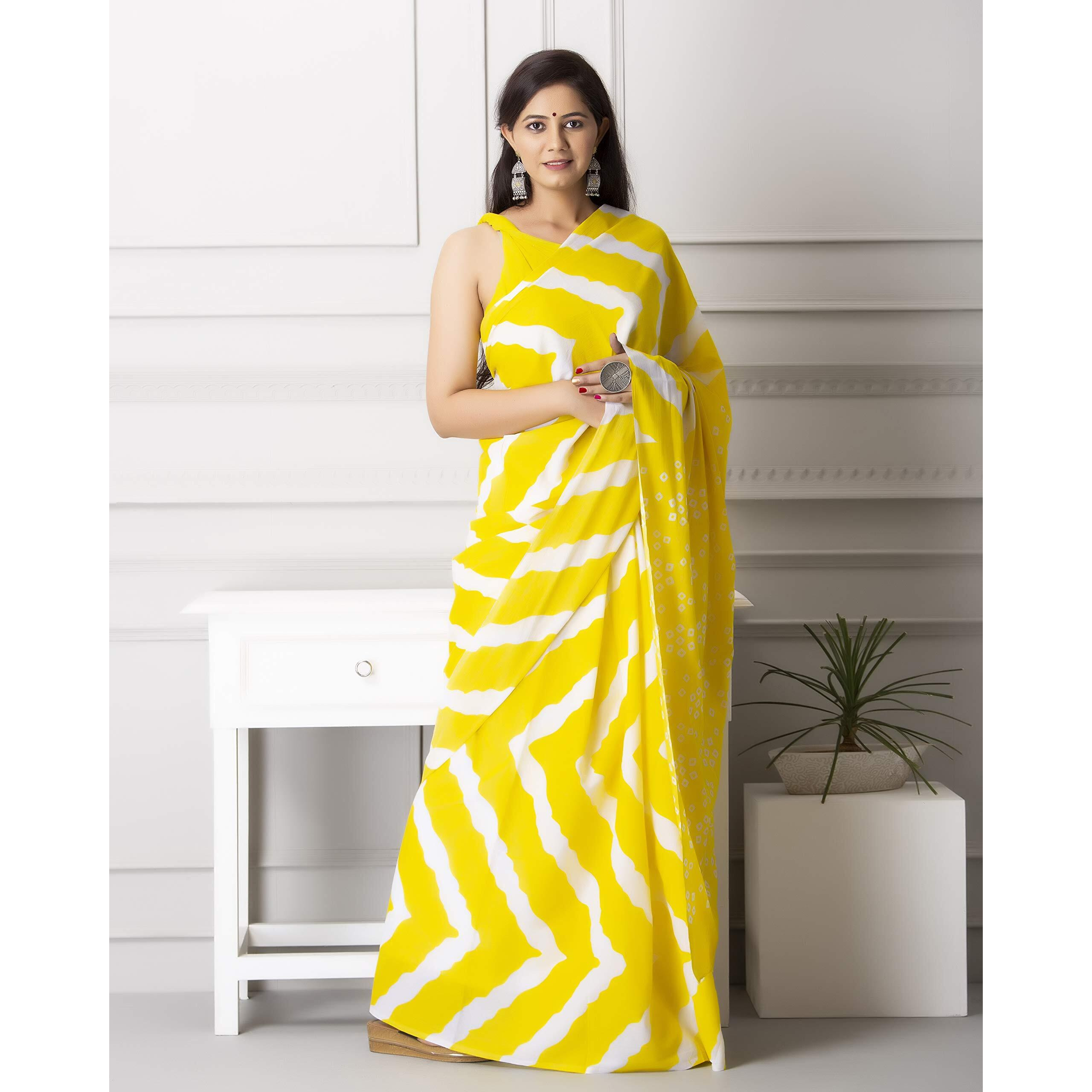 JALTHER Handicrafts Womens Ikat Hand Block Print Jaipuri Cotton Mulmul Saree with Blouse Piece - Yellow