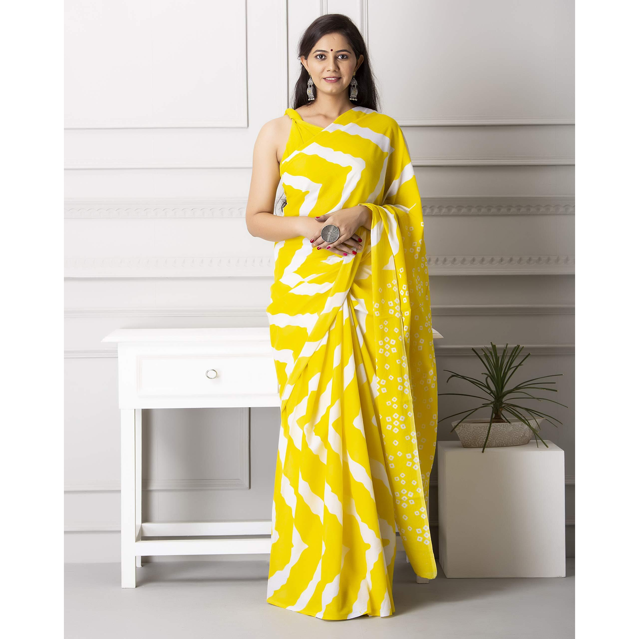 JALTHER Handicrafts Womens Ikat Hand Block Print Jaipuri Cotton Mulmul Saree with Blouse Piece - Yellow