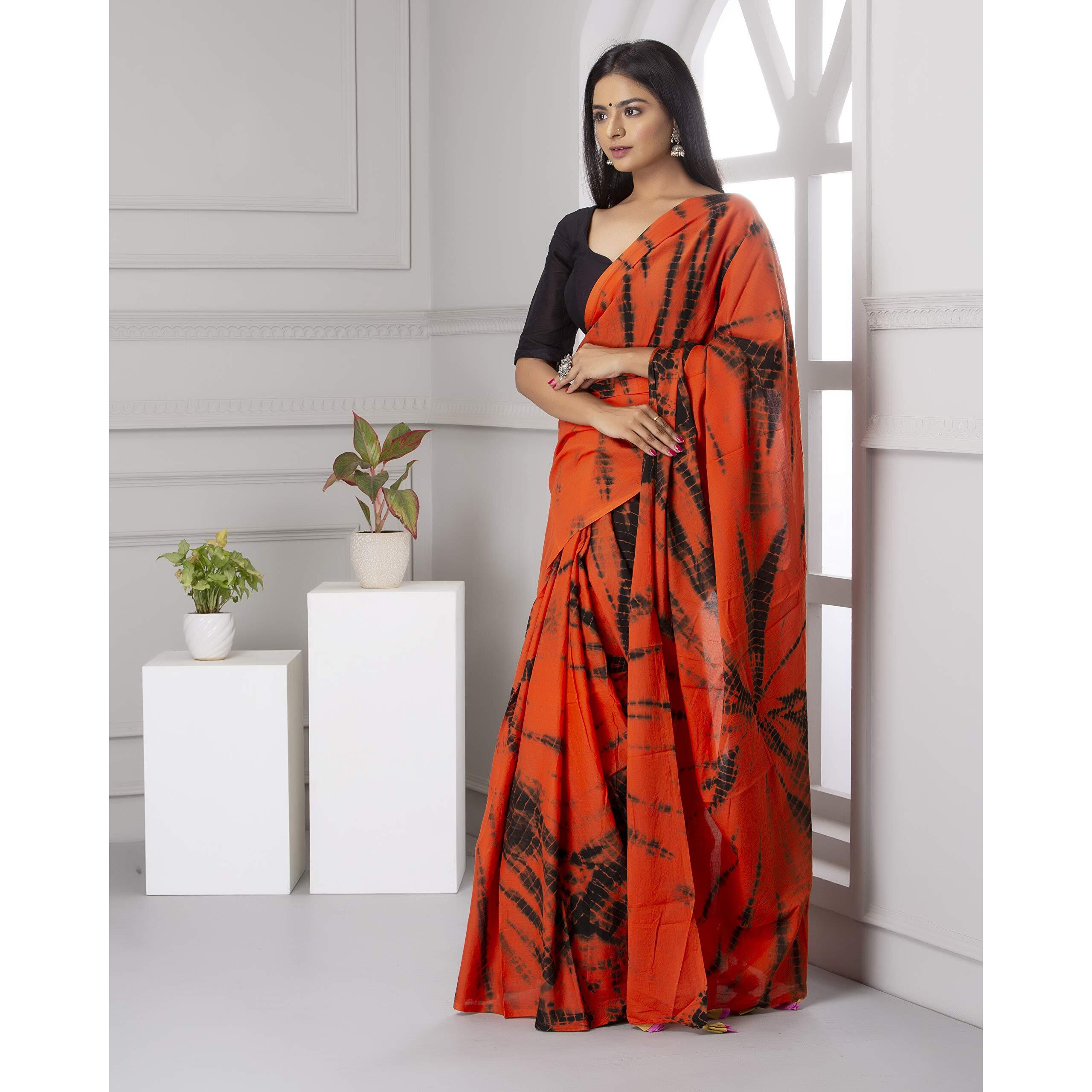Jalther Handicrafts Womens Ikat Hand Block Print Jaipuri Cotton Mulmul Saree with Blouse Piece - Orange
