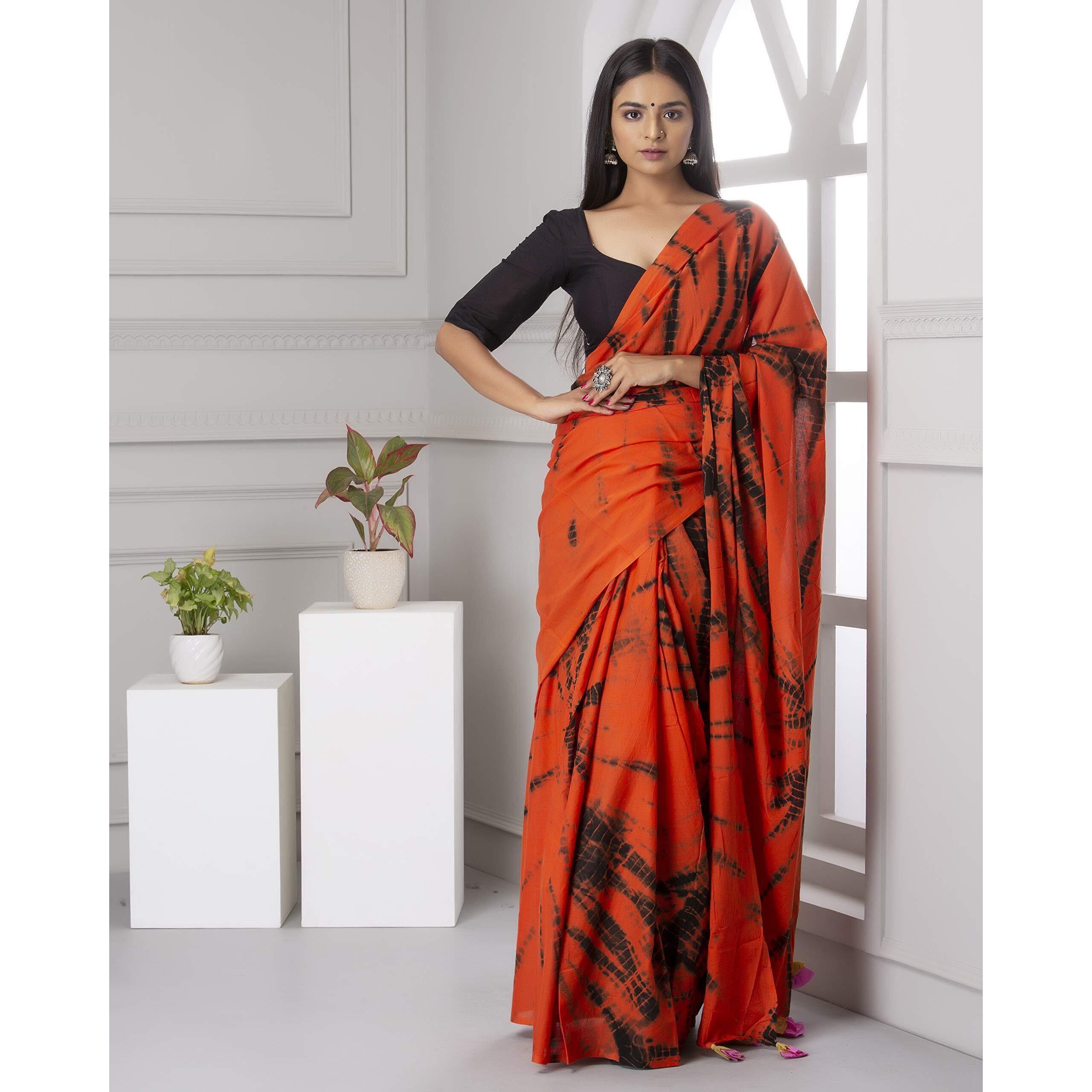 Jalther Handicrafts Womens Ikat Hand Block Print Jaipuri Cotton Mulmul Saree with Blouse Piece - Orange