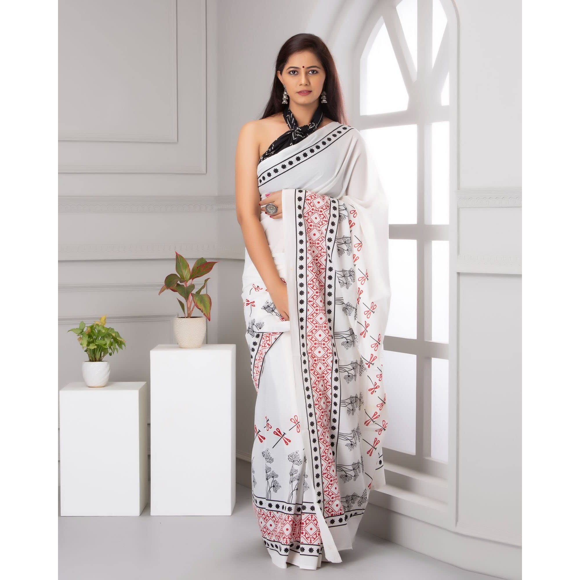 Jalther Handicrafts Womens Ikat Hand Block Print Jaipuri Cotton Mulmul Saree with Blouse Piece - White