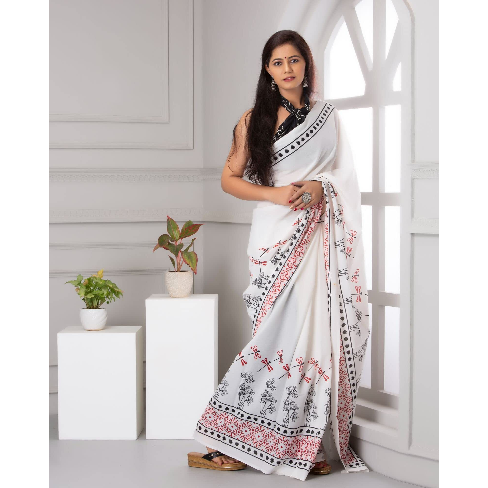 Jalther Handicrafts Womens Ikat Hand Block Print Jaipuri Cotton Mulmul Saree with Blouse Piece - White