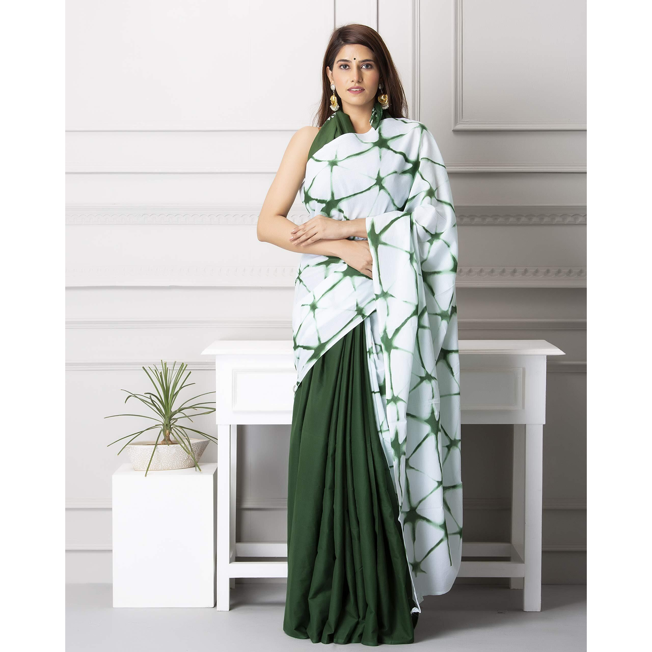 Jalther Handicrafts Womens Ikat Hand Block Print Jaipuri Cotton Mulmul Saree with Blouse Piece - White