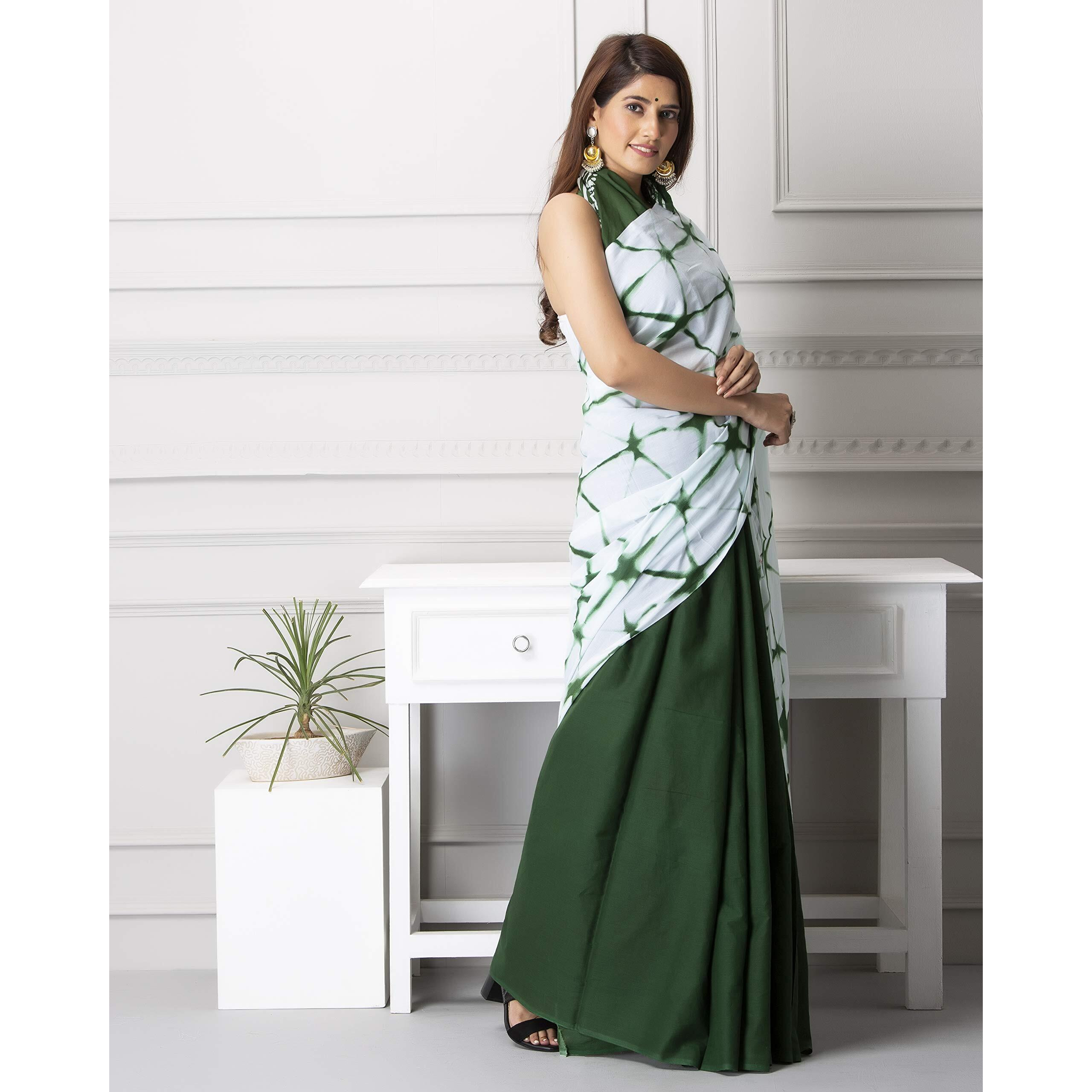 Jalther Handicrafts Womens Ikat Hand Block Print Jaipuri Cotton Mulmul Saree with Blouse Piece - White