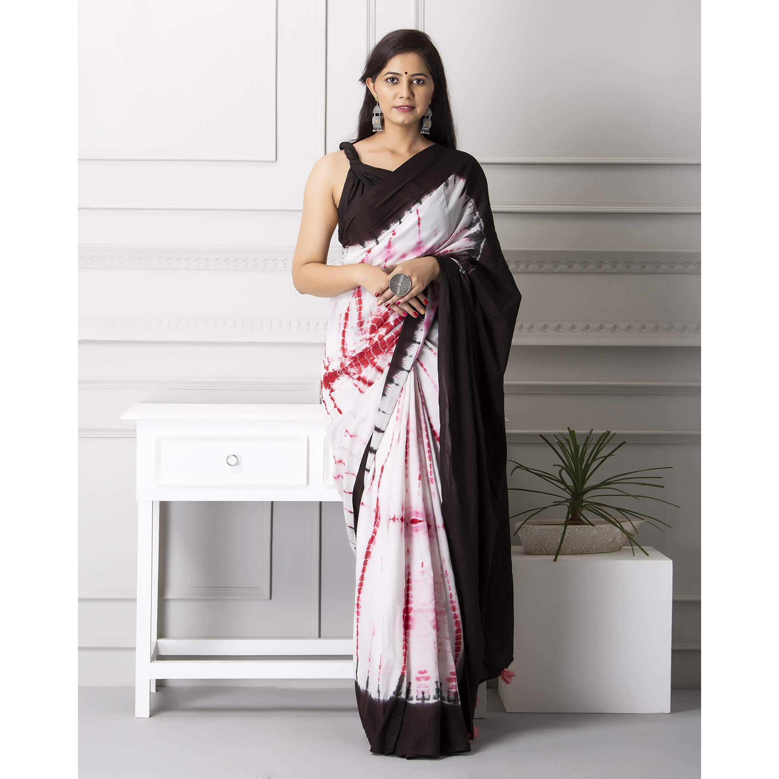Jalther Handicrafts Womens Ikat Hand Block Print Jaipuri Cotton Mulmul Saree with Blouse Piece - White