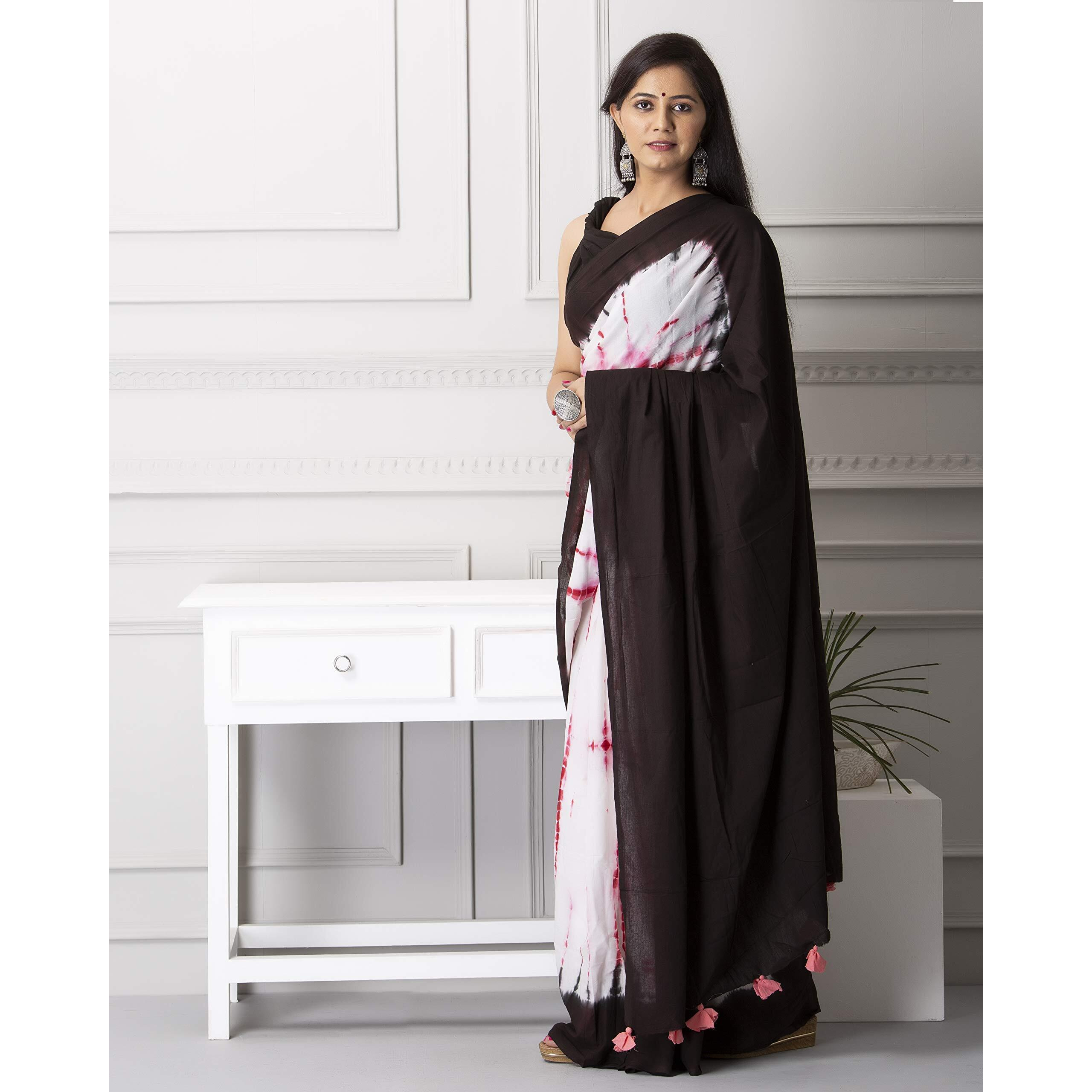 Jalther Handicrafts Womens Ikat Hand Block Print Jaipuri Cotton Mulmul Saree with Blouse Piece - White