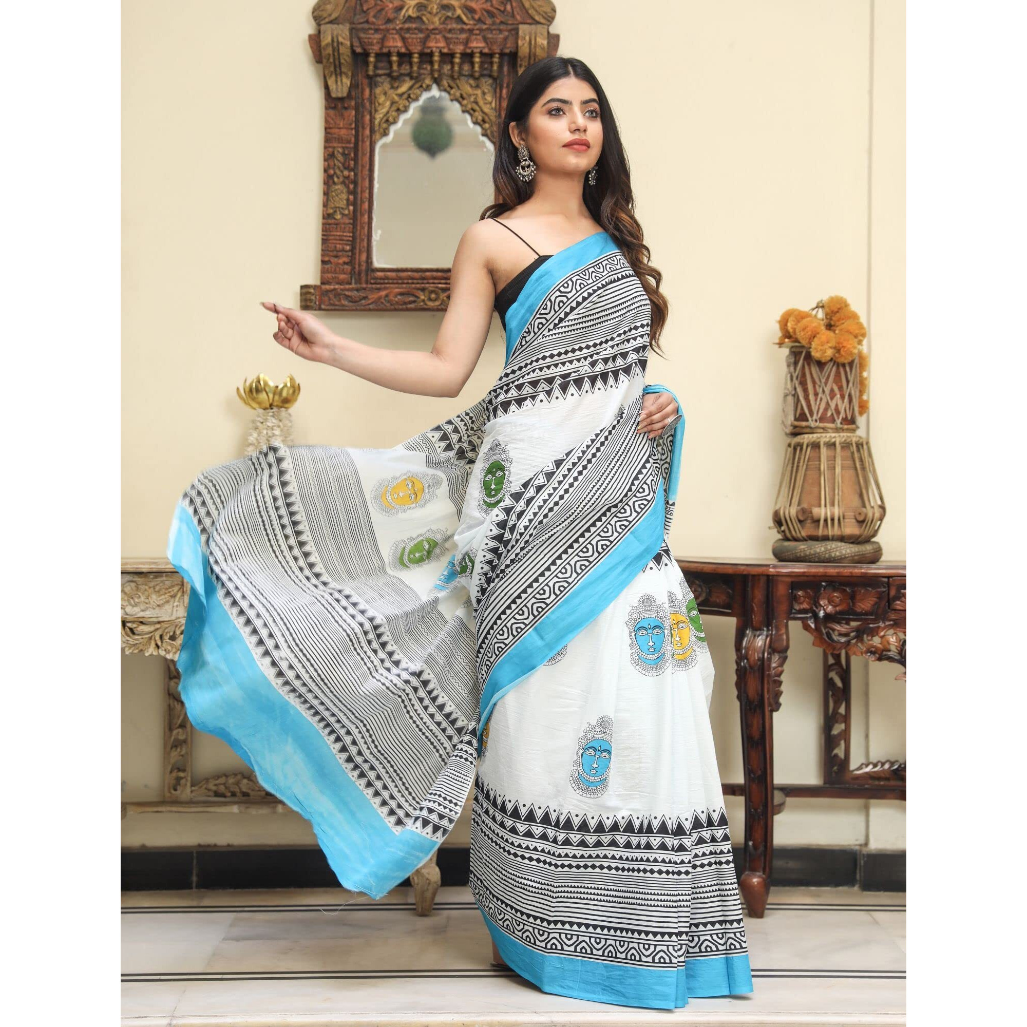 Jalther Handicrafts Womens Ikat Hand Block Print Jaipuri Cotton Mulmul Saree with Blouse Piece - White