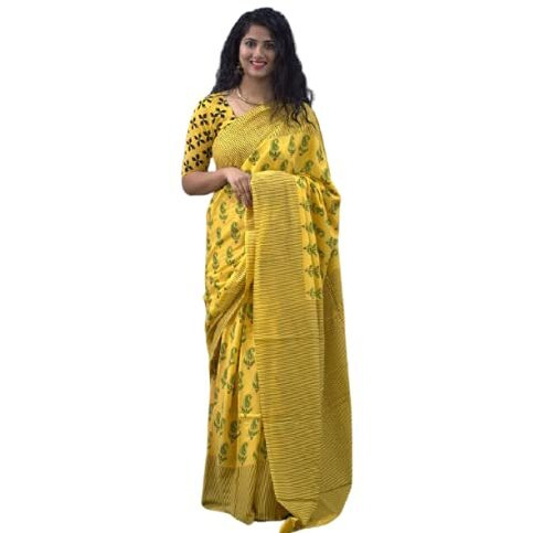 JALTHER Handicrafts Womens Ikat Hand Block Print Jaipuri Cotton Mulmul Saree with Blouse Piece - Yellow