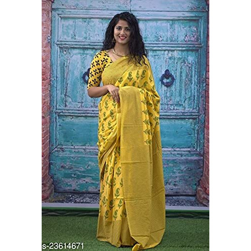 JALTHER Handicrafts Womens Ikat Hand Block Print Jaipuri Cotton Mulmul Saree with Blouse Piece - Yellow