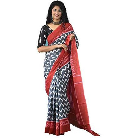 Jalther Handicrafts Womens Ikat Hand Block Print Jaipuri Cotton Mulmul Saree with Blouse Piece Grey_Red