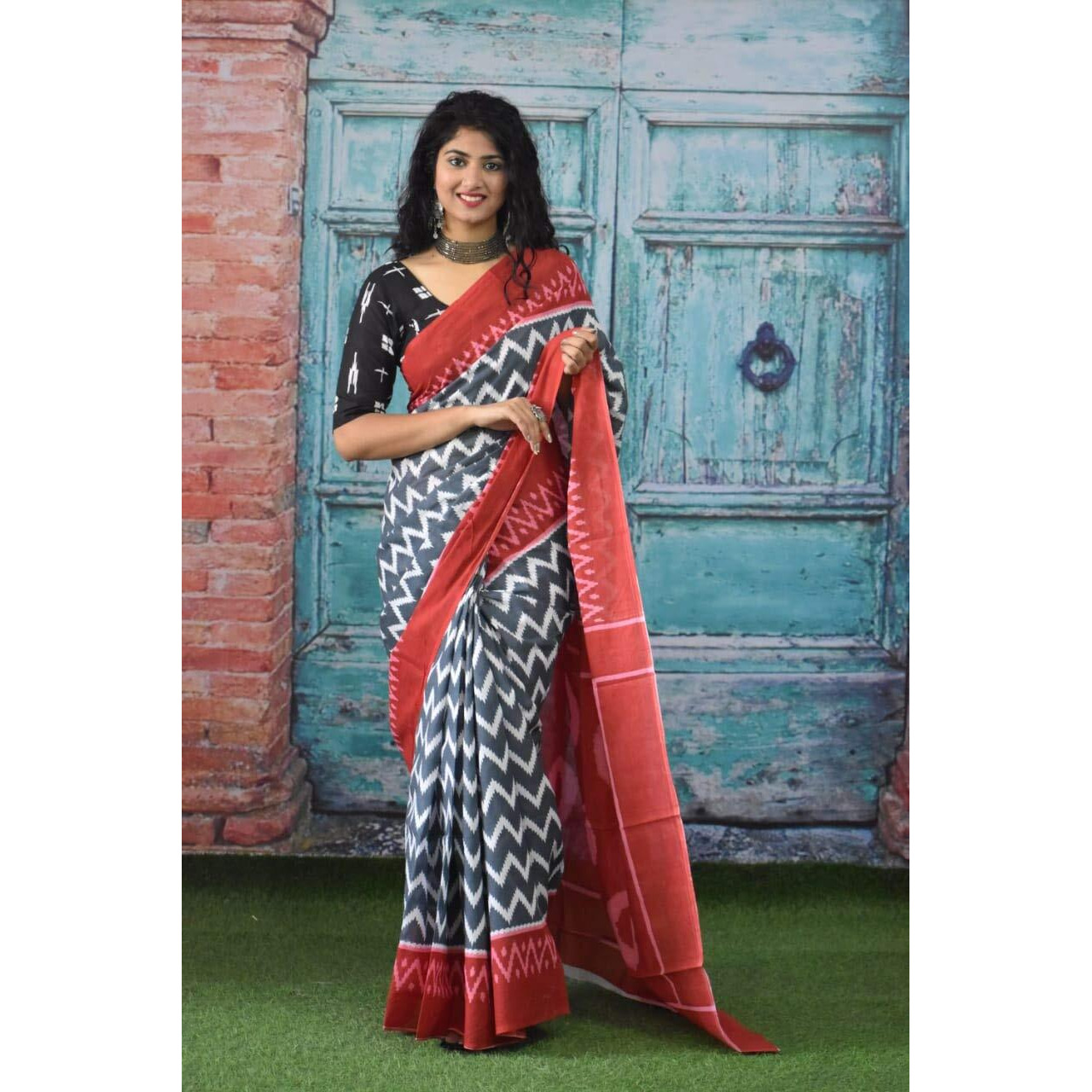 Jalther Handicrafts Womens Ikat Hand Block Print Jaipuri Cotton Mulmul Saree with Blouse Piece Grey_Red