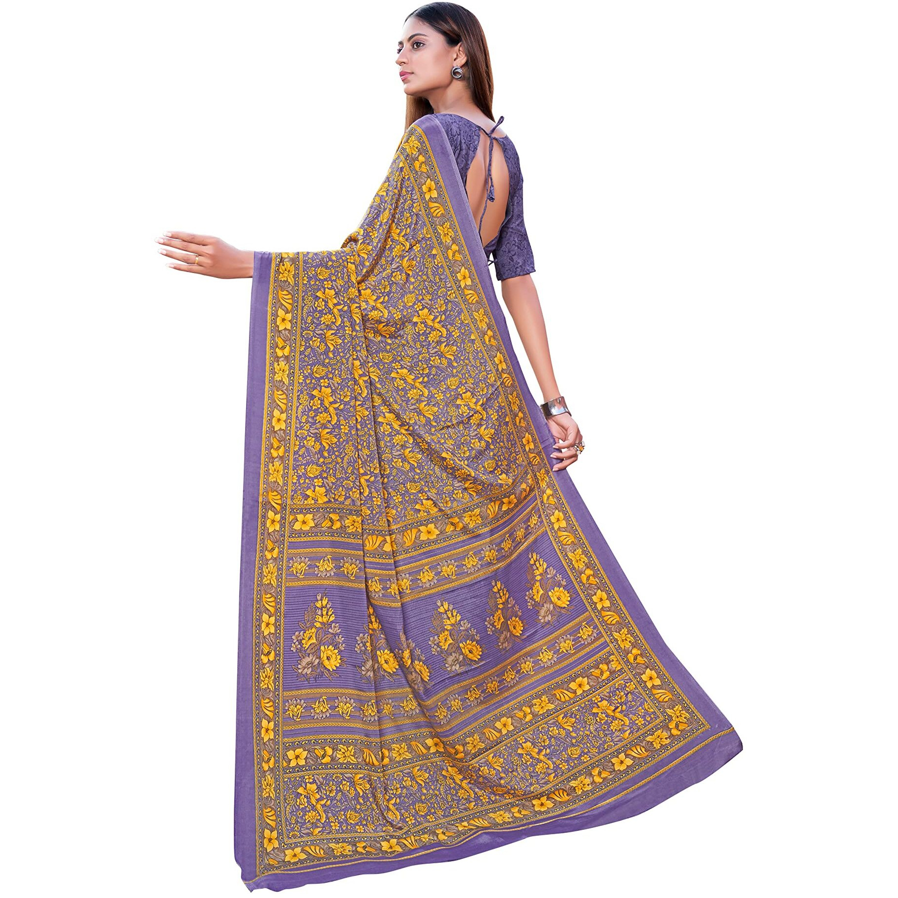 Vimla Womens Multi Crepe Silk Uniform Saree with Blouse (Yellow_1405_AC)
