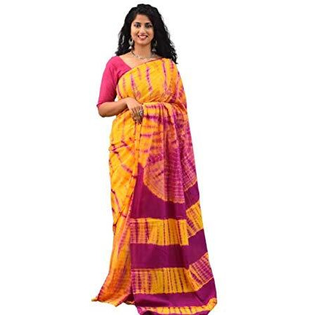 Jalther Handicrafts Womens Ikat Hand Block Print Jaipuri Cotton Mulmul Saree with Blouse Piece Orange_Maroon