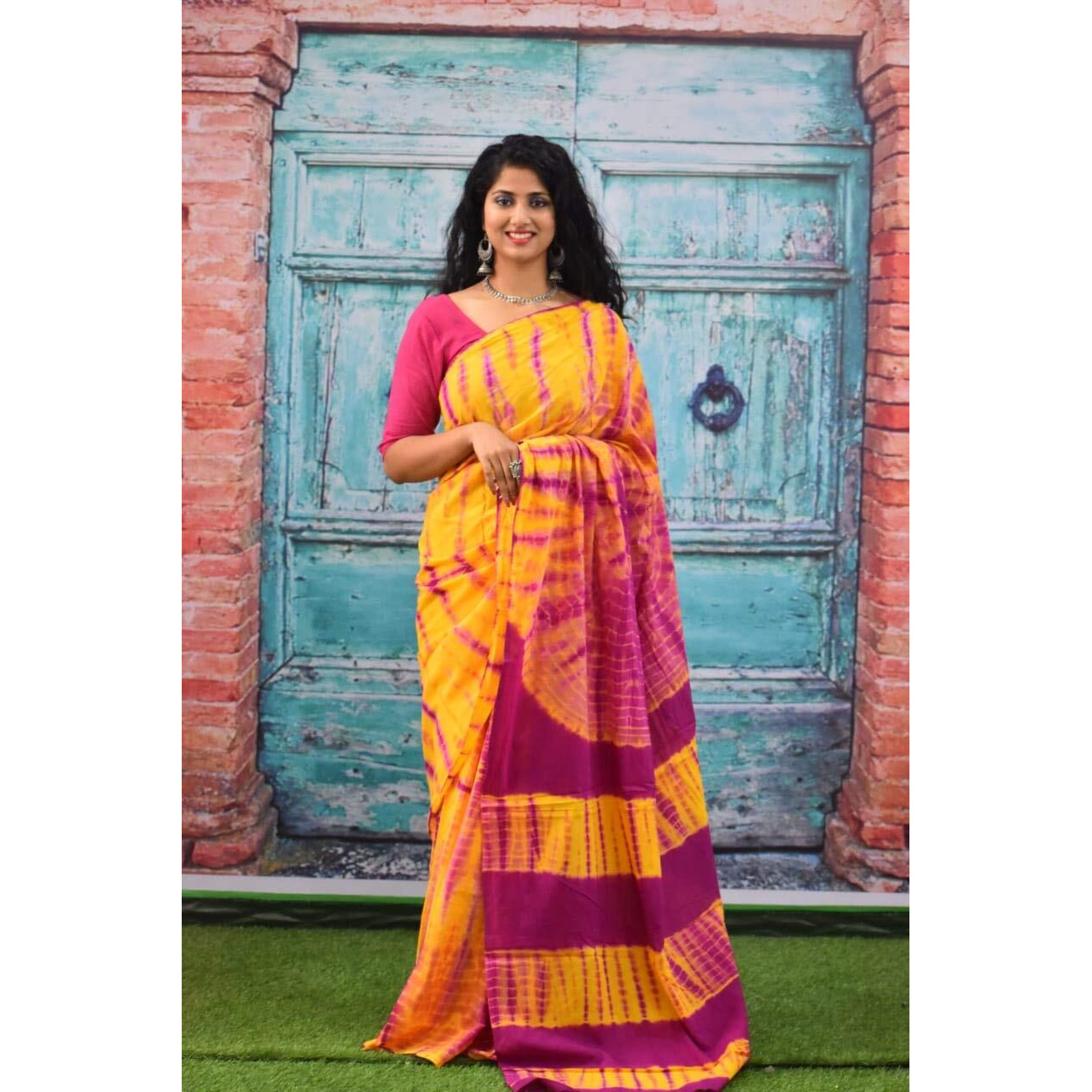Jalther Handicrafts Womens Ikat Hand Block Print Jaipuri Cotton Mulmul Saree with Blouse Piece Orange_Maroon