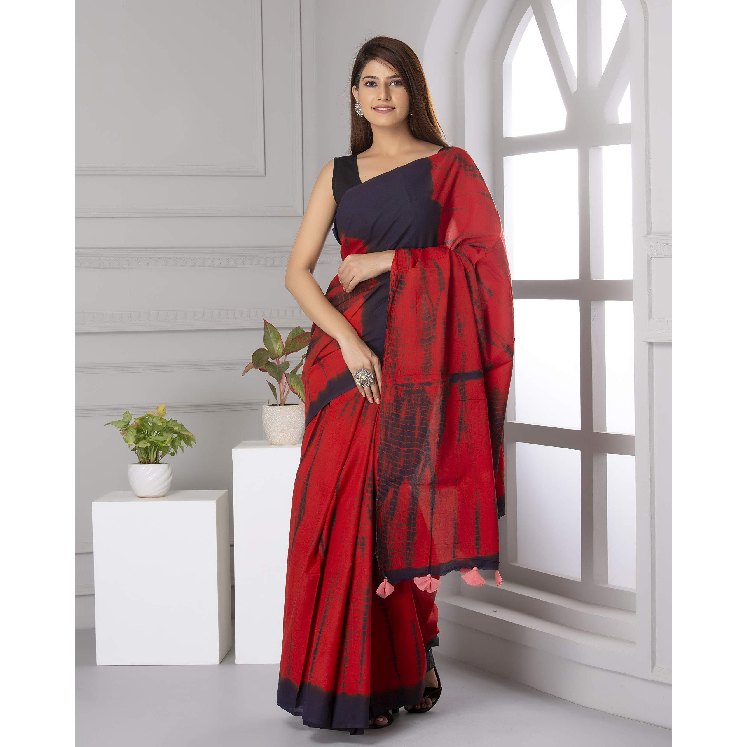 JALTHER Womens Ikat Hand Block Print Jaipuri Cotton Mulmul Saree with Blouse Piece -Red_Jal742