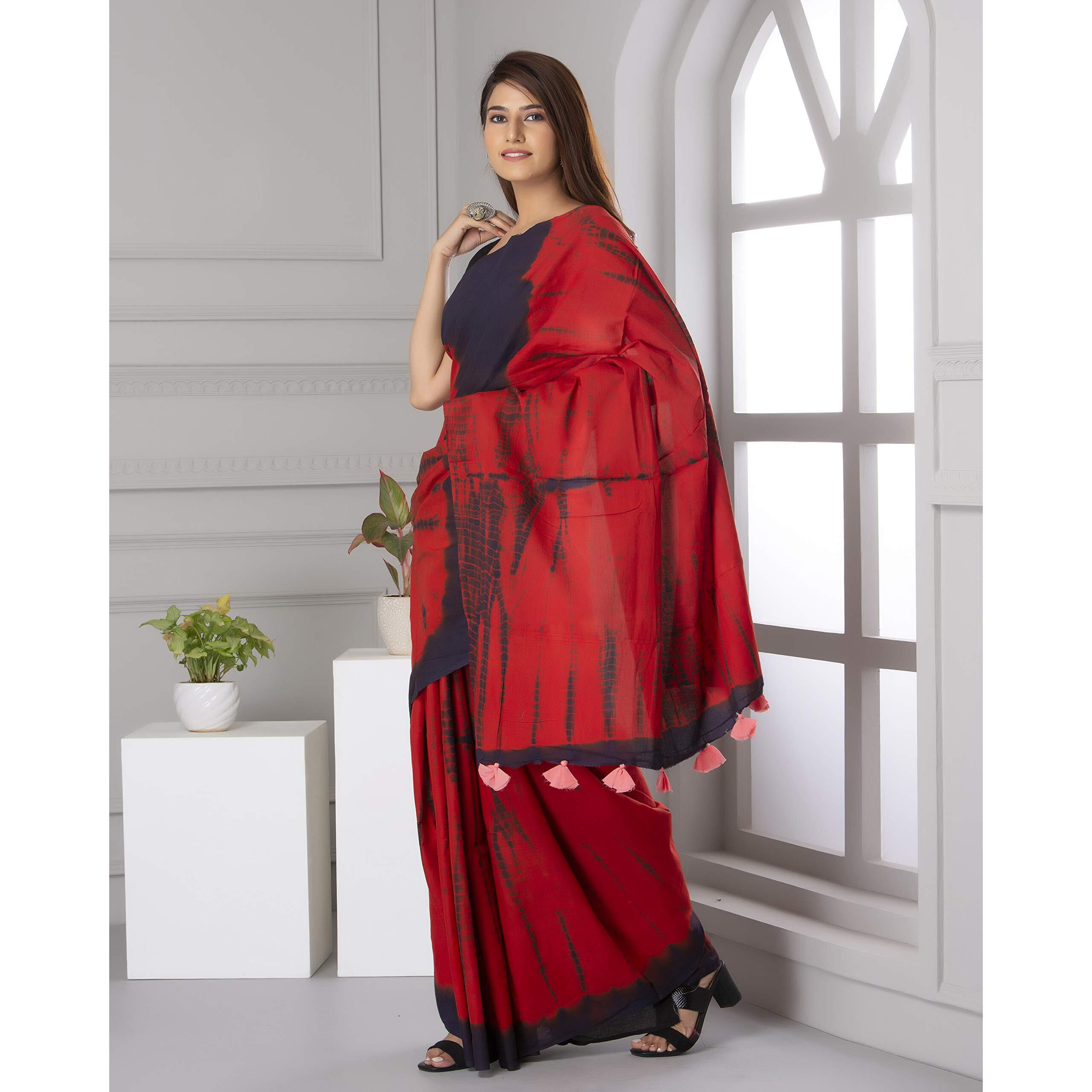 JALTHER Womens Ikat Hand Block Print Jaipuri Cotton Mulmul Saree with Blouse Piece -Red_Jal742