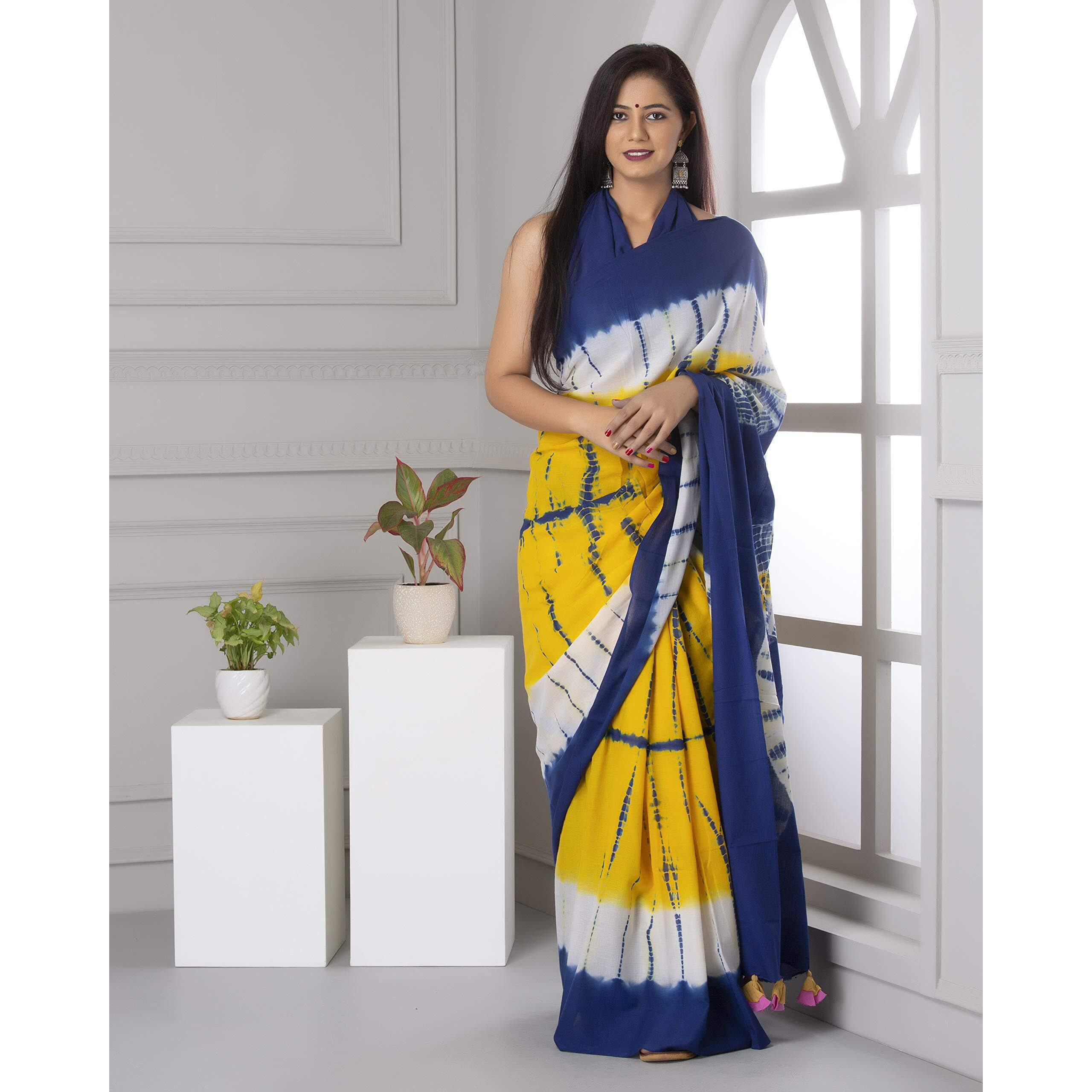 JALTHER Womens Ikat Hand Block Print Jaipuri Cotton Mulmul Saree with Blouse Piece -Yellow_Jal739