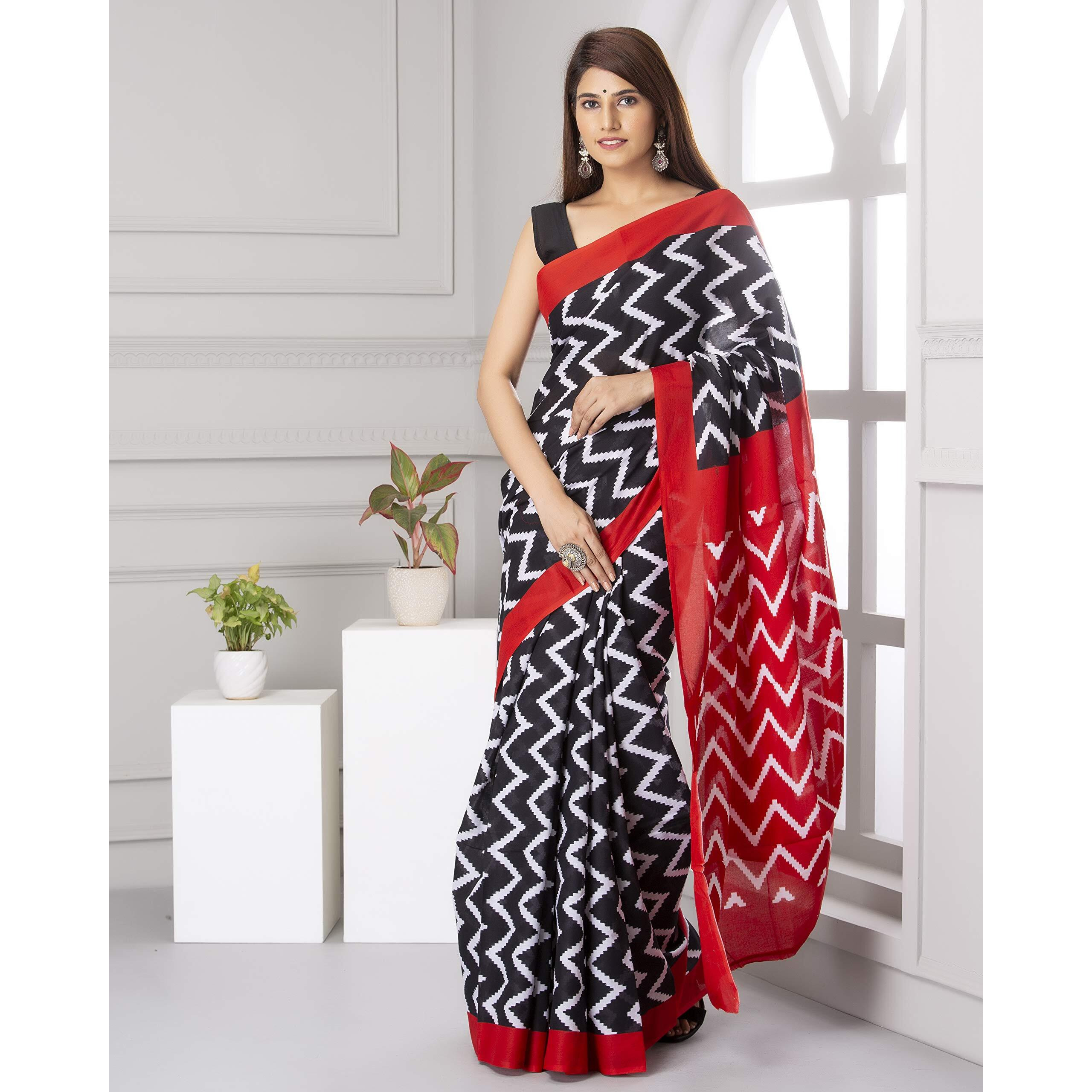 JALTHER Womens Ikat Hand Block Print Jaipuri Cotton Mulmul Saree with Blouse Piece -Black_Jal715