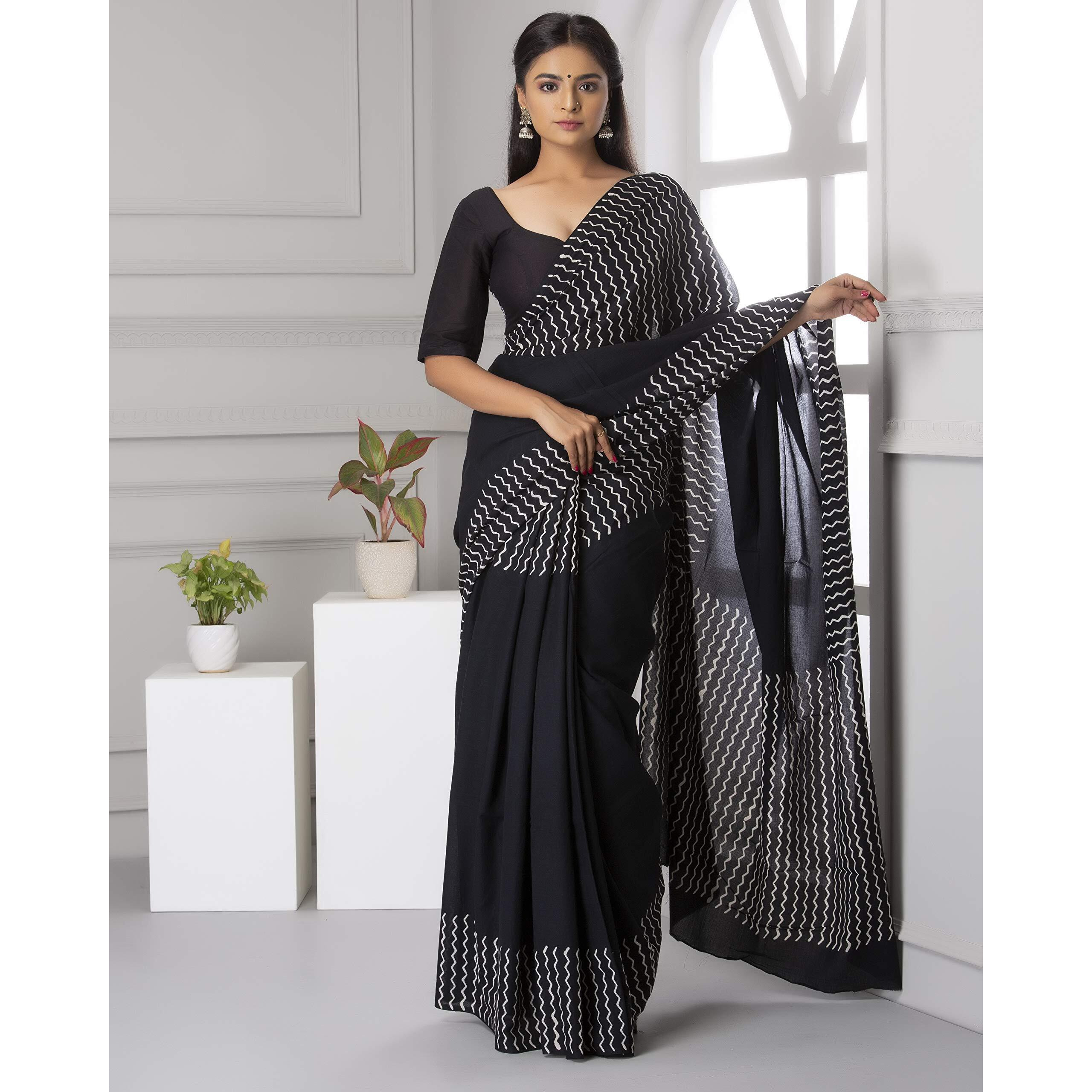 JALTHER Womens Ikat Hand Block Print Jaipuri Cotton Mulmul Saree with Blouse Piece -Black_Jal730
