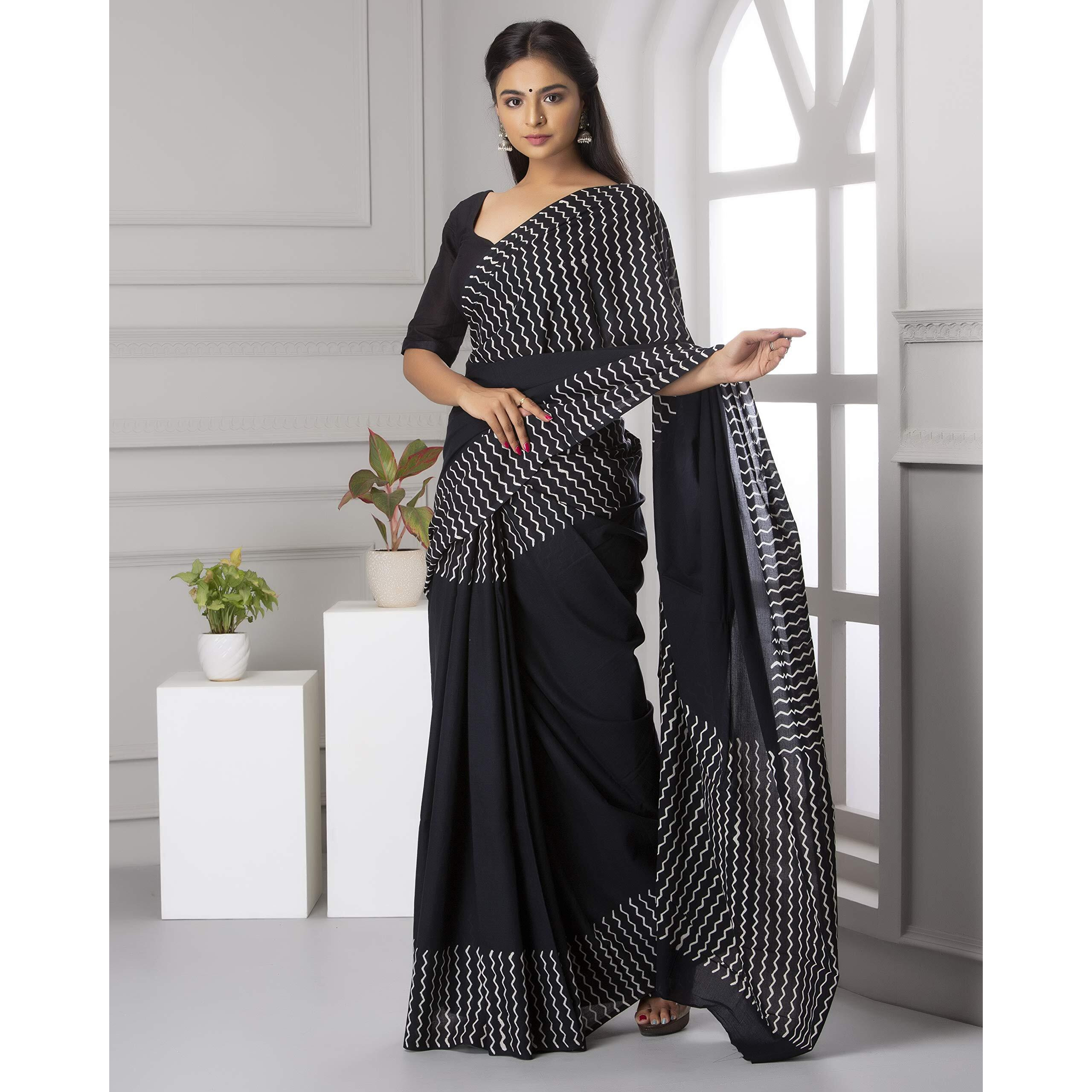 JALTHER Womens Ikat Hand Block Print Jaipuri Cotton Mulmul Saree with Blouse Piece -Black_Jal730
