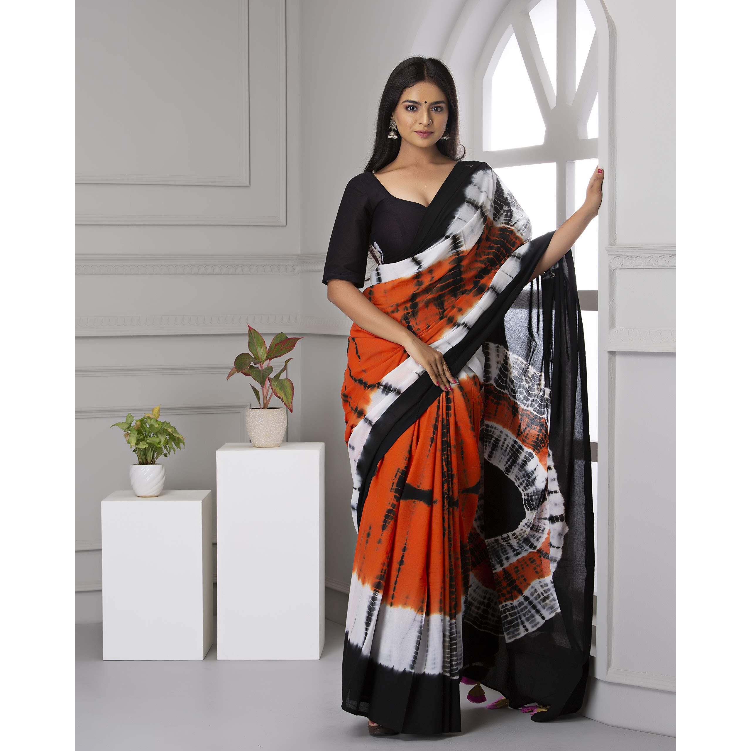 JALTHER Womens Ikat Hand Block Print Jaipuri Cotton Mulmul Saree with Blouse Piece - Maroon_Jal743