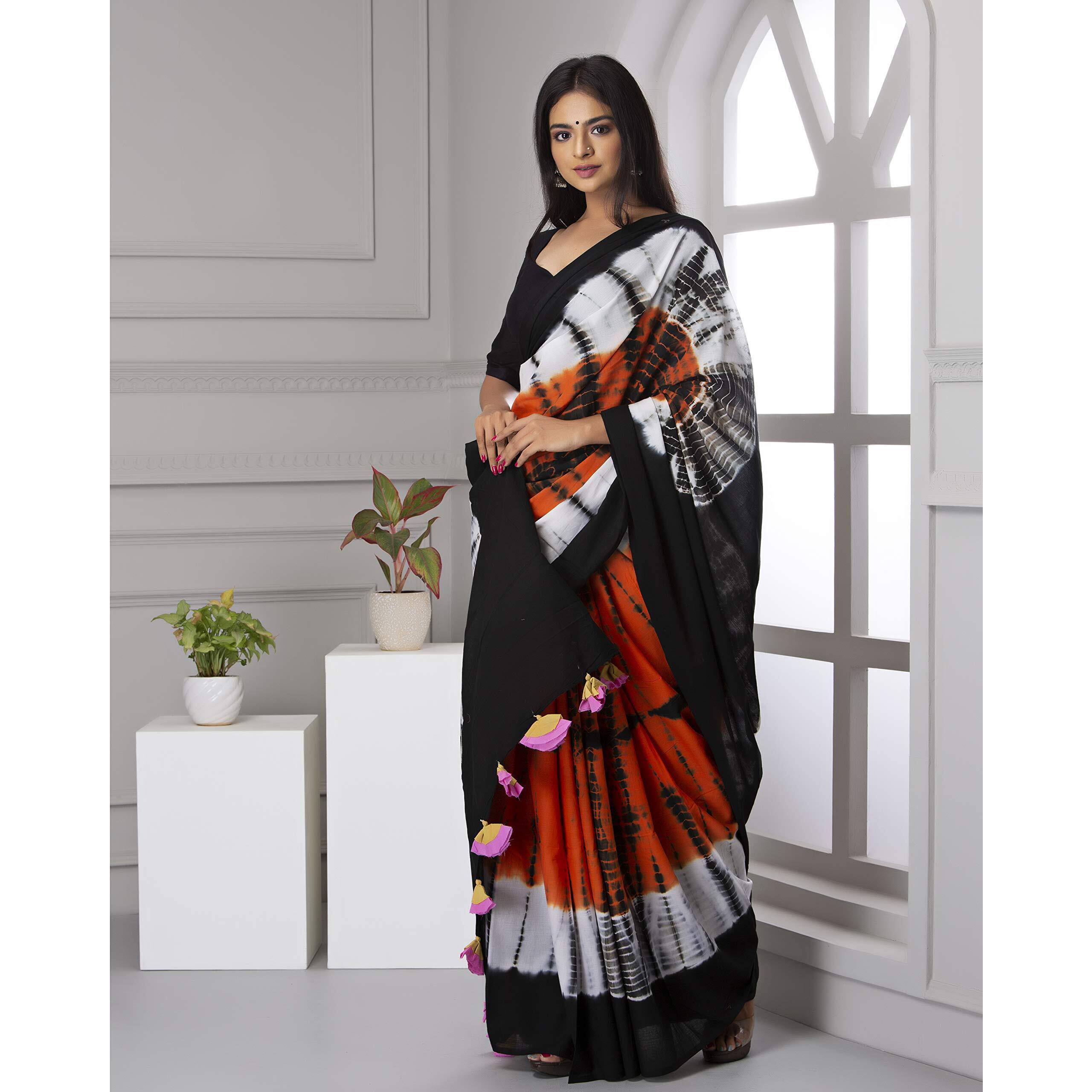 JALTHER Womens Ikat Hand Block Print Jaipuri Cotton Mulmul Saree with Blouse Piece - Maroon_Jal743