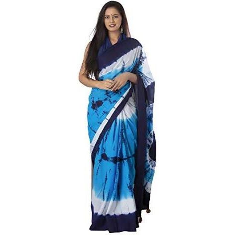 JALTHER Womens Ikat Hand Block Print Jaipuri Cotton Mulmul Saree with Blouse Piece -Turquoise_Jal737