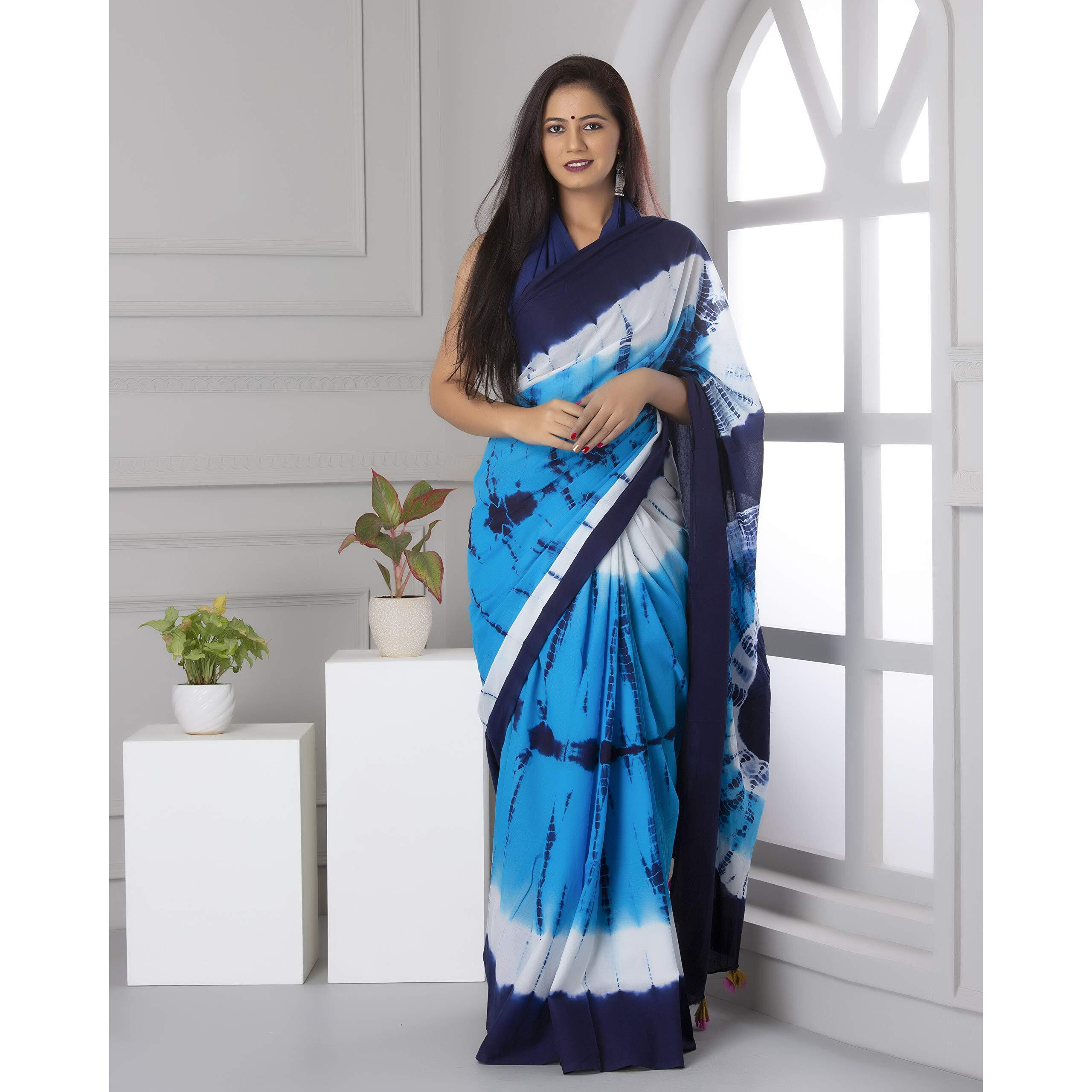 JALTHER Womens Ikat Hand Block Print Jaipuri Cotton Mulmul Saree with Blouse Piece -Turquoise_Jal737