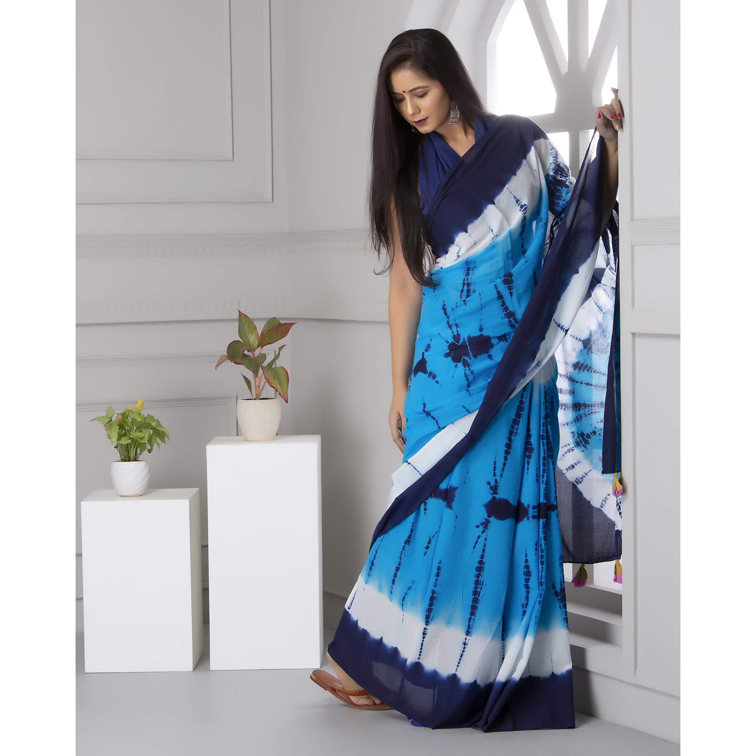 JALTHER Womens Ikat Hand Block Print Jaipuri Cotton Mulmul Saree with Blouse Piece -Turquoise_Jal737