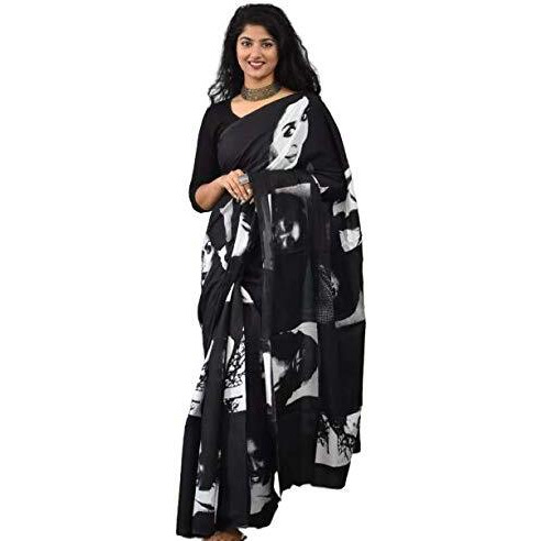 Jalther Handicrafts Womens Ikat Hand Block Print Jaipuri Cotton Mulmul Saree with Blouse Piece Black