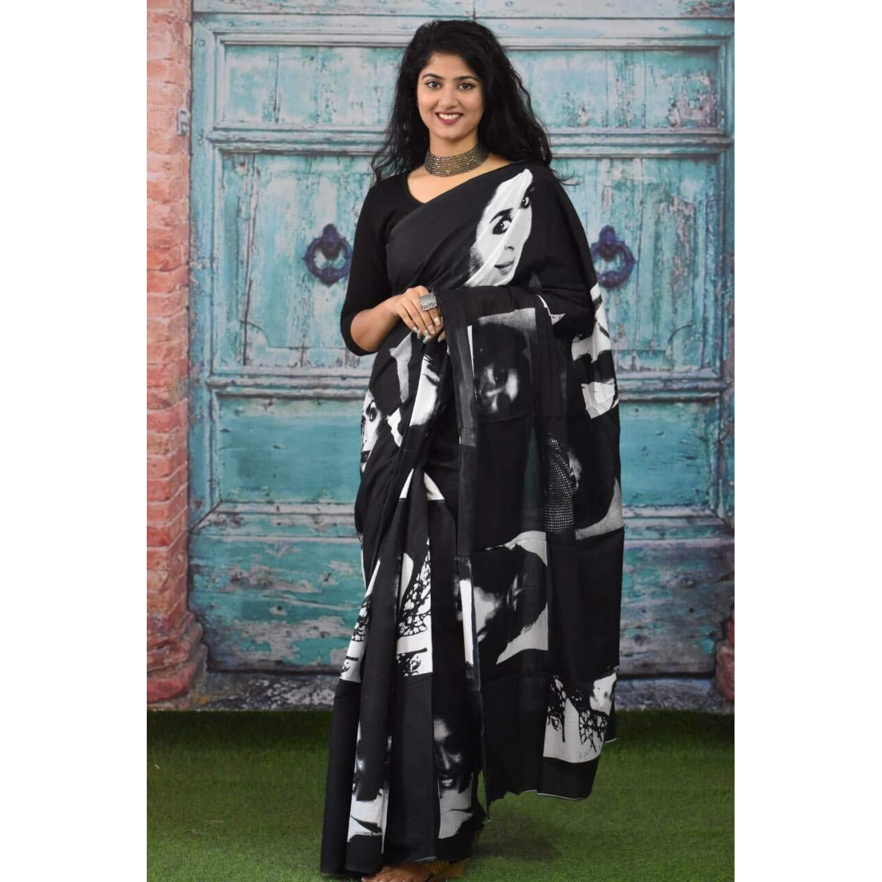 Jalther Handicrafts Womens Ikat Hand Block Print Jaipuri Cotton Mulmul Saree with Blouse Piece Black