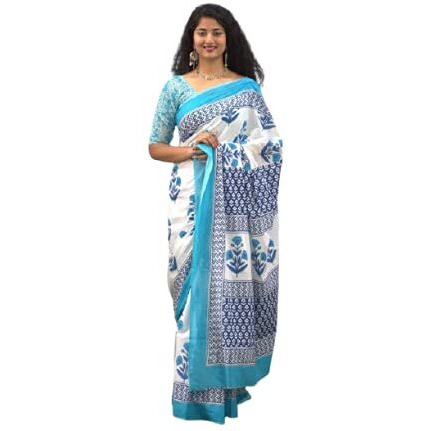 JALTHER Handicrafts Womens Ikat Hand Block Print Jaipuri Cotton Mulmul Saree with Blouse Piece - White