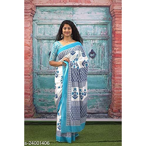 JALTHER Handicrafts Womens Ikat Hand Block Print Jaipuri Cotton Mulmul Saree with Blouse Piece - White