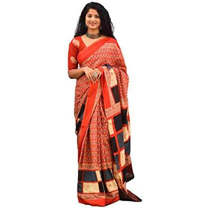 Jalther Handicrafts Womens Ikat Hand Block Print Jaipuri Cotton Mulmul Saree with Blouse Piece Red
