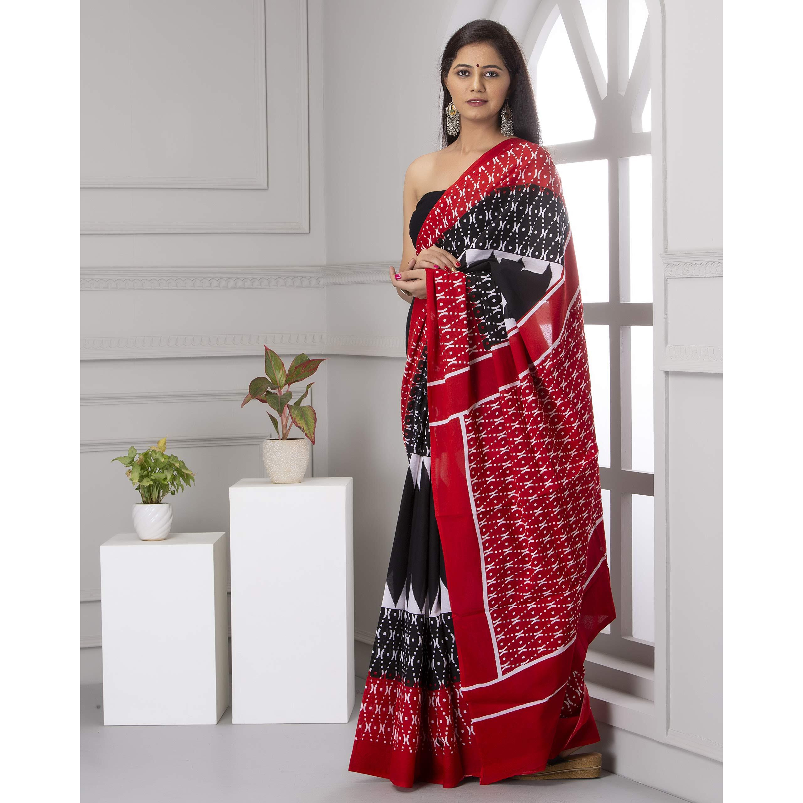 JALTHER Handicrafts Womens Ikat Hand Block Print Jaipuri Cotton Mulmul Saree with Blouse Piece - Red