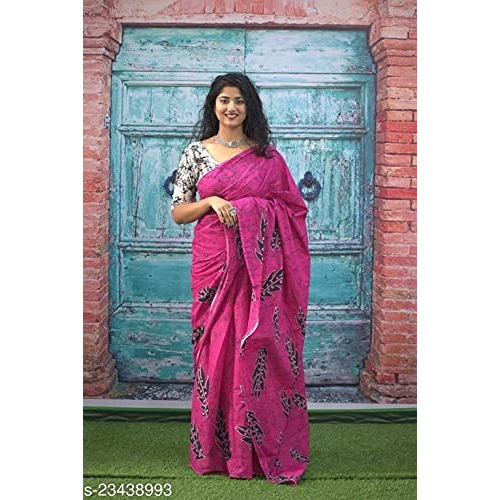 JALTHER Handicrafts Womens Ikat Hand Block Print Jaipuri Cotton Mulmul Saree with Blouse Piece -Pink